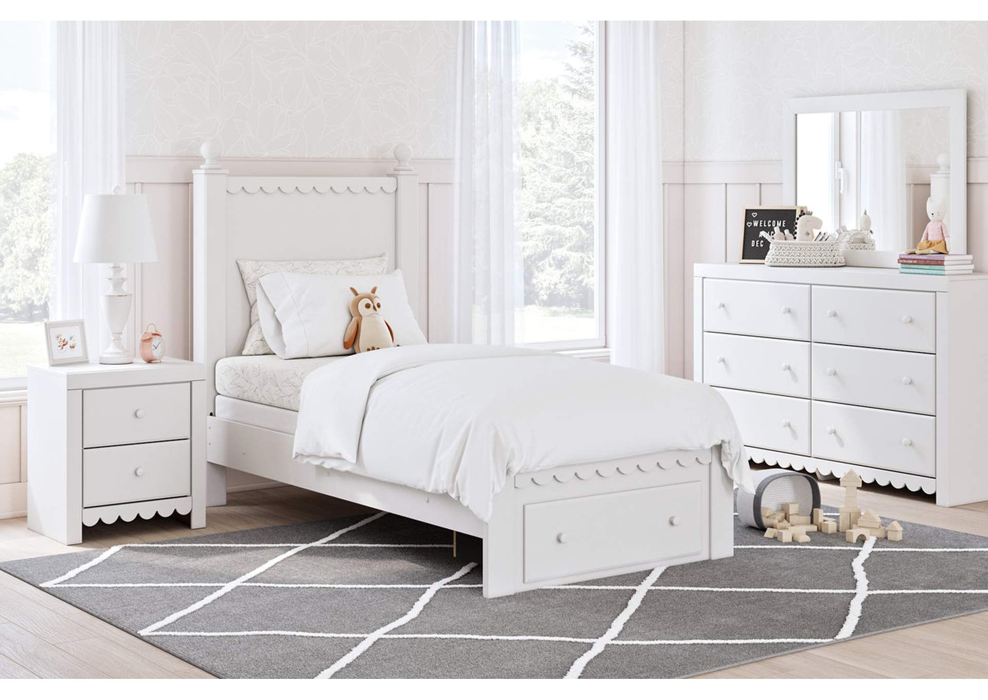 Mollviney Twin Panel Storage Bed with Mirrored Dresser, Chest and 2 Nightstands,Signature Design By Ashley