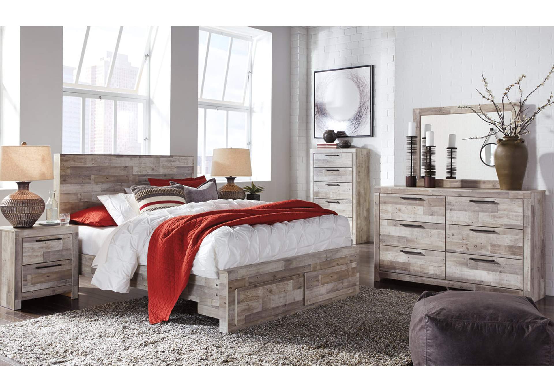 Effie Queen Panel Bed with 2 Storage Drawers with Mirrored Dresser and 2 Nightstands,Signature Design By Ashley