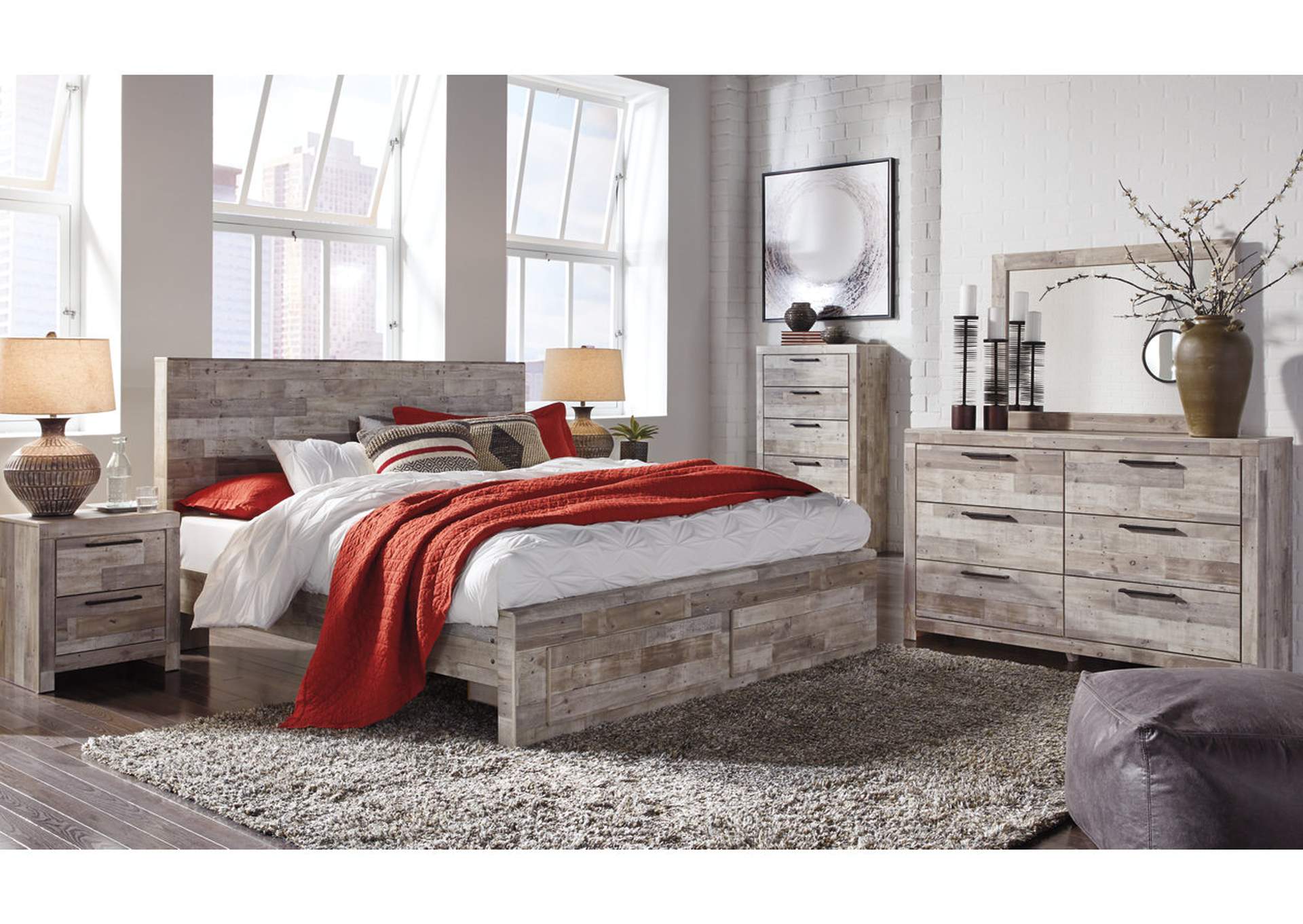 Effie King Panel Bed with 2 Storage Drawers with Mirrored Dresser, Chest and Nightstand,Signature Design By Ashley