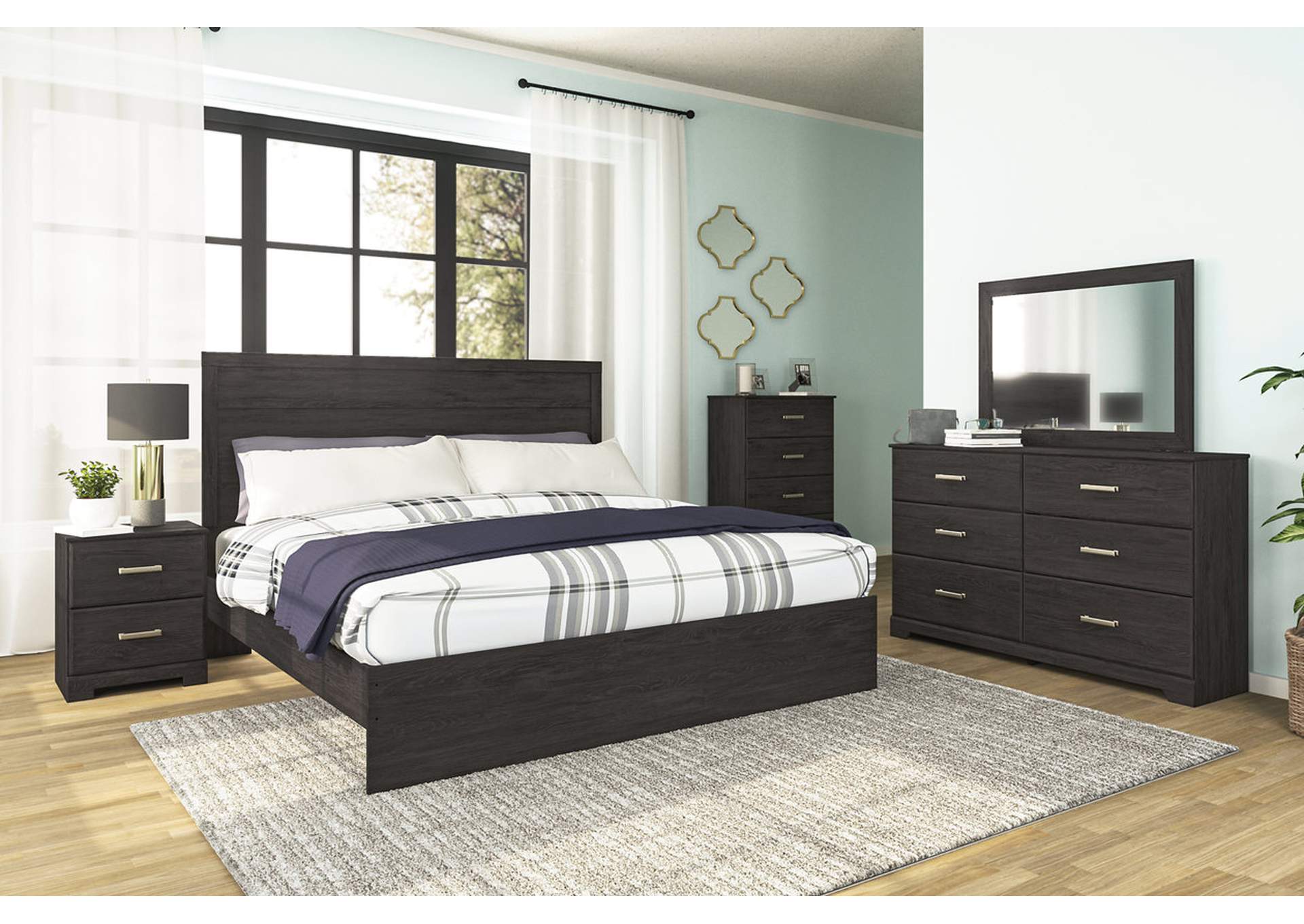 Belachime King Panel Bed with Mirrored Dresser, Chest and 2 Nightstands,Signature Design By Ashley