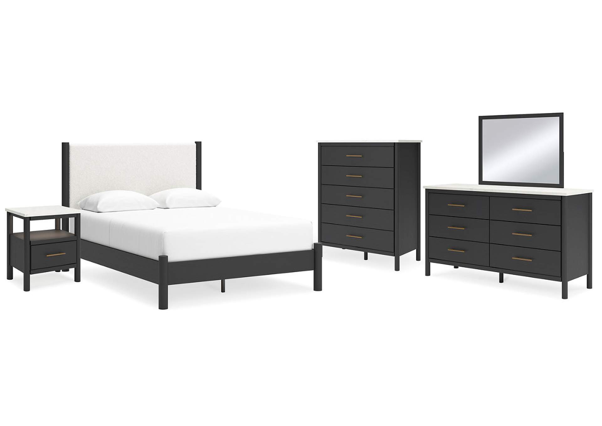 Cadmori Queen Upholstered Panel Bed with Mirrored Dresser, Chest and Nightstand,Signature Design By Ashley