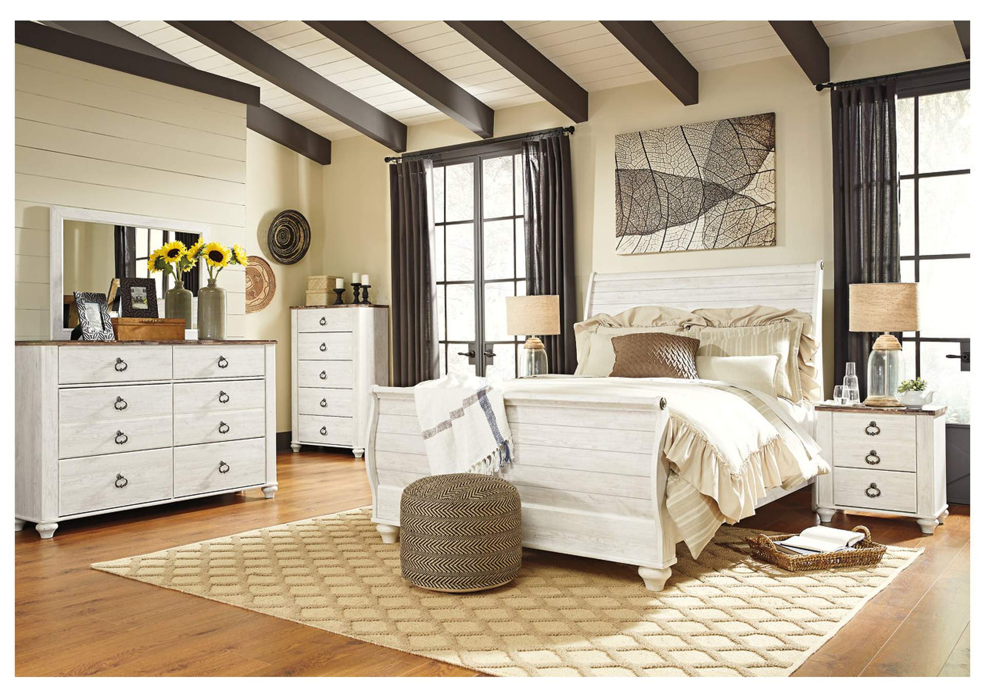 Willowton Queen Sleigh Bed, Dresser, Mirror and 2 Nightstands,Signature Design By Ashley