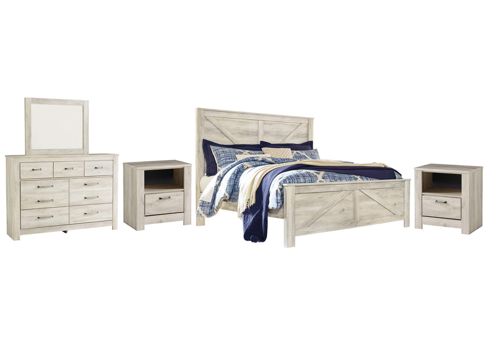 Bellaby King Crossbuck Panel Bed with Mirrored Dresser and 2 Nightstands,Signature Design By Ashley