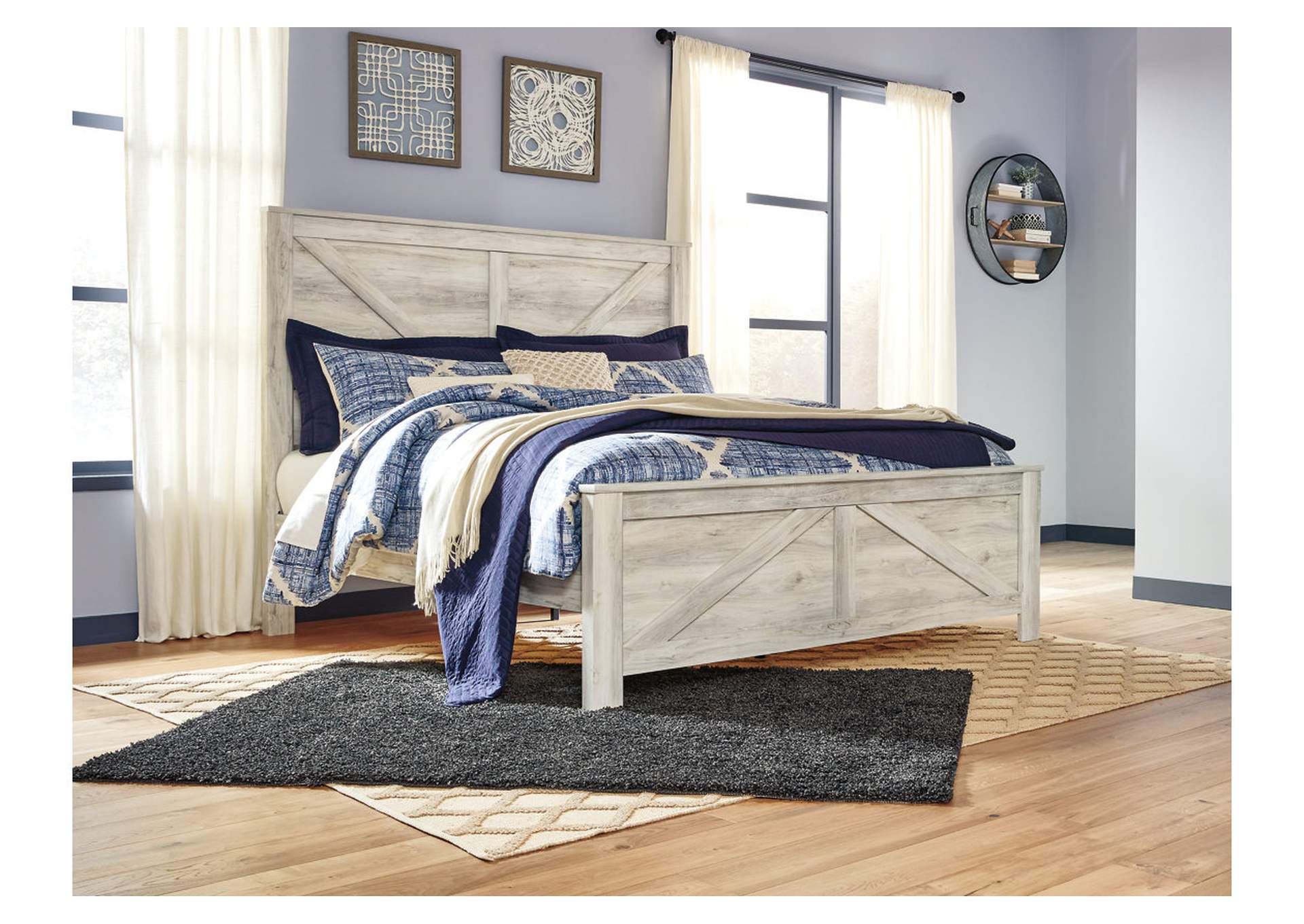 Bellaby King Crossbuck Panel Bed with Mirrored Dresser and Chest,Signature Design By Ashley