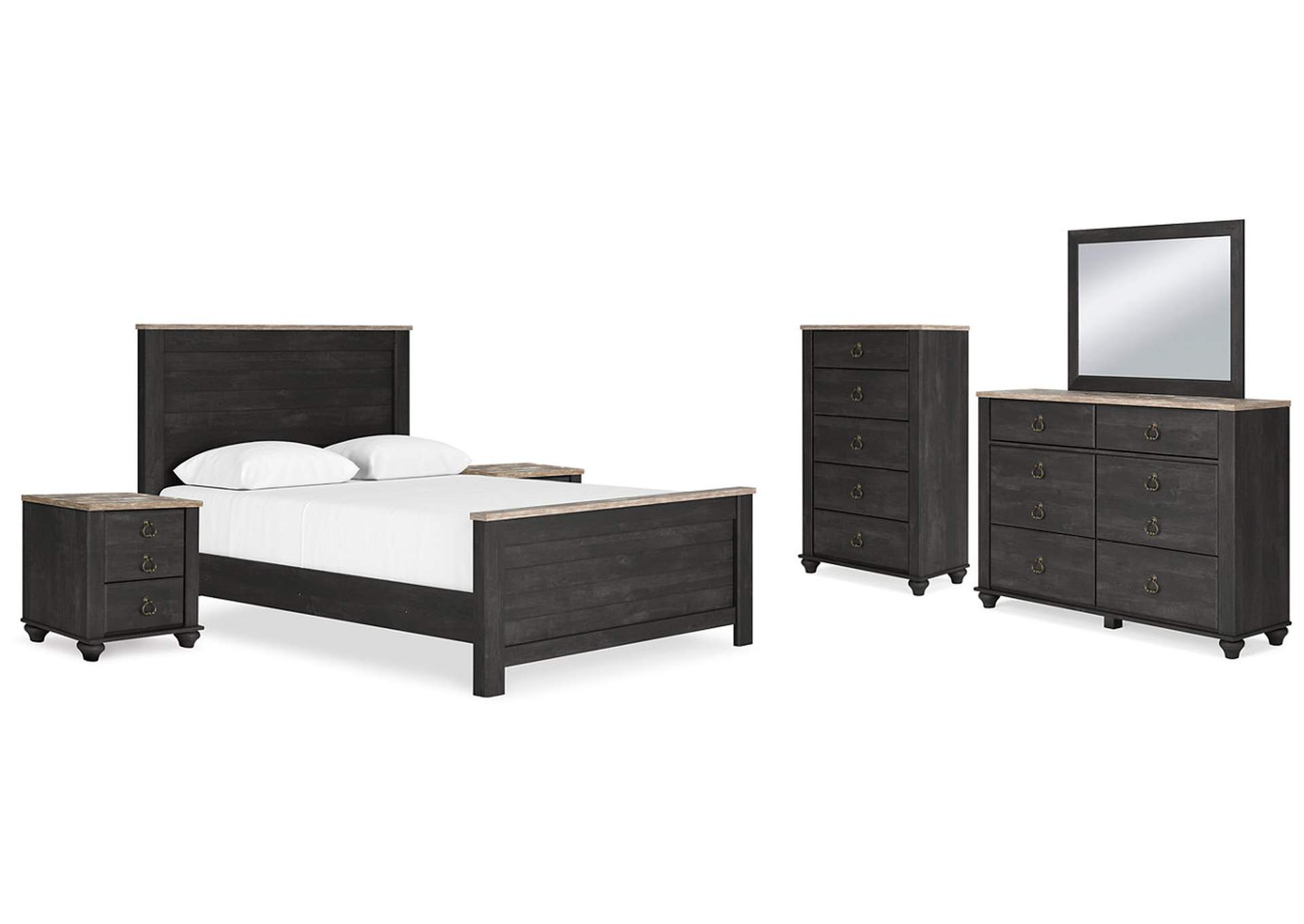 Nanforth Queen Panel Bed with Mirrored Dresser, Chest and 2 Nightstands,Signature Design By Ashley