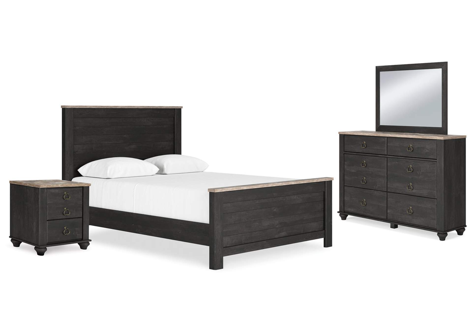 Nanforth Queen Panel Bed with Mirrored Dresser and Nightstand,Signature Design By Ashley