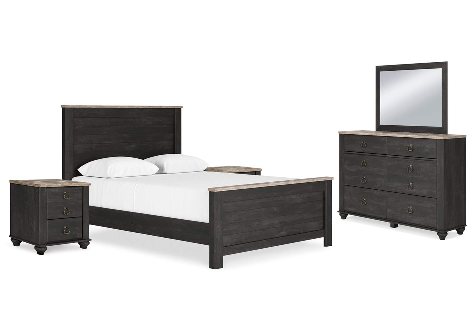 Nanforth Queen Panel Bed with Mirrored Dresser and 2 Nightstands,Signature Design By Ashley