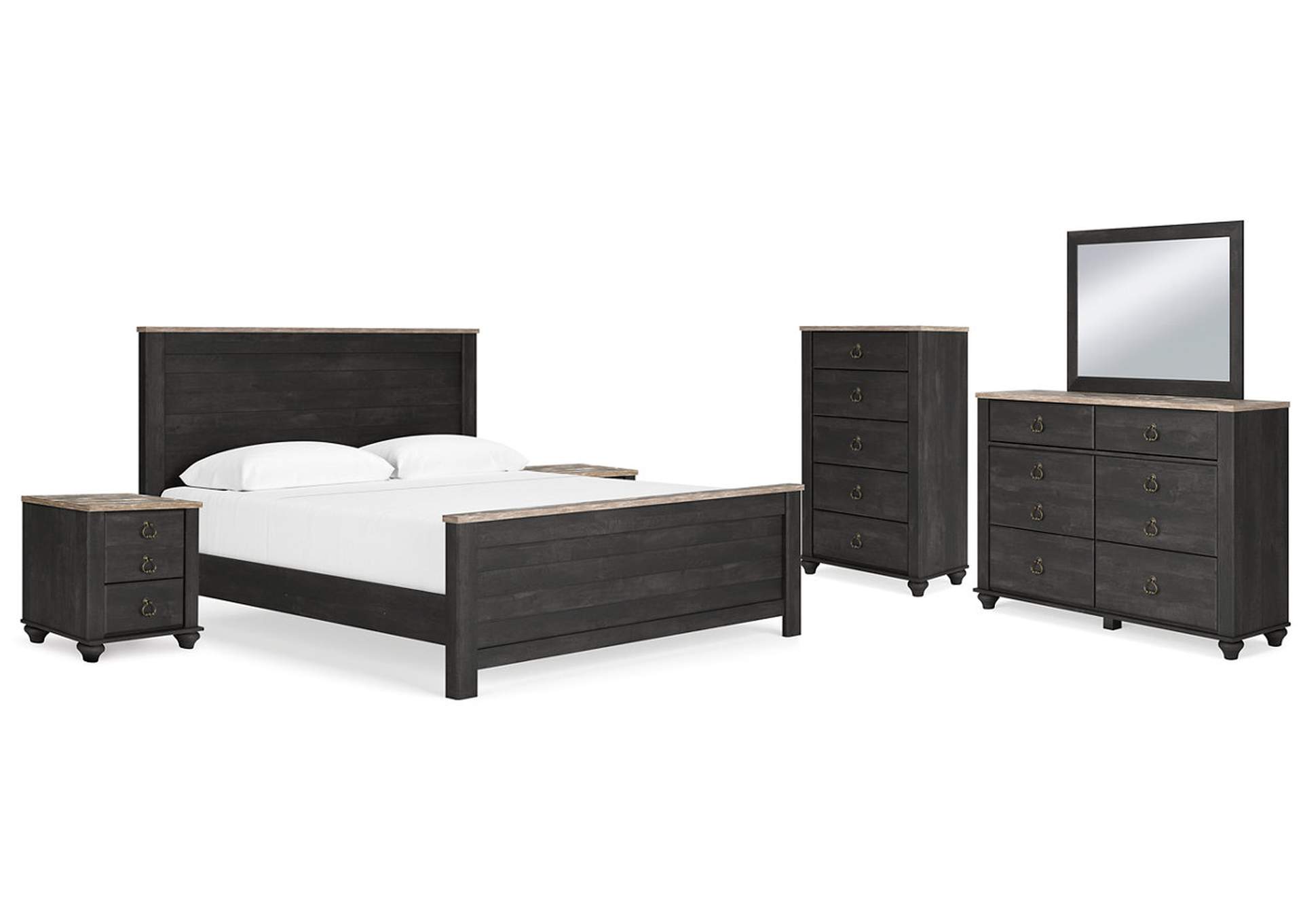 Nanforth King Panel Bed with Mirrored Dresser, Chest and 2 Nightstands,Signature Design By Ashley