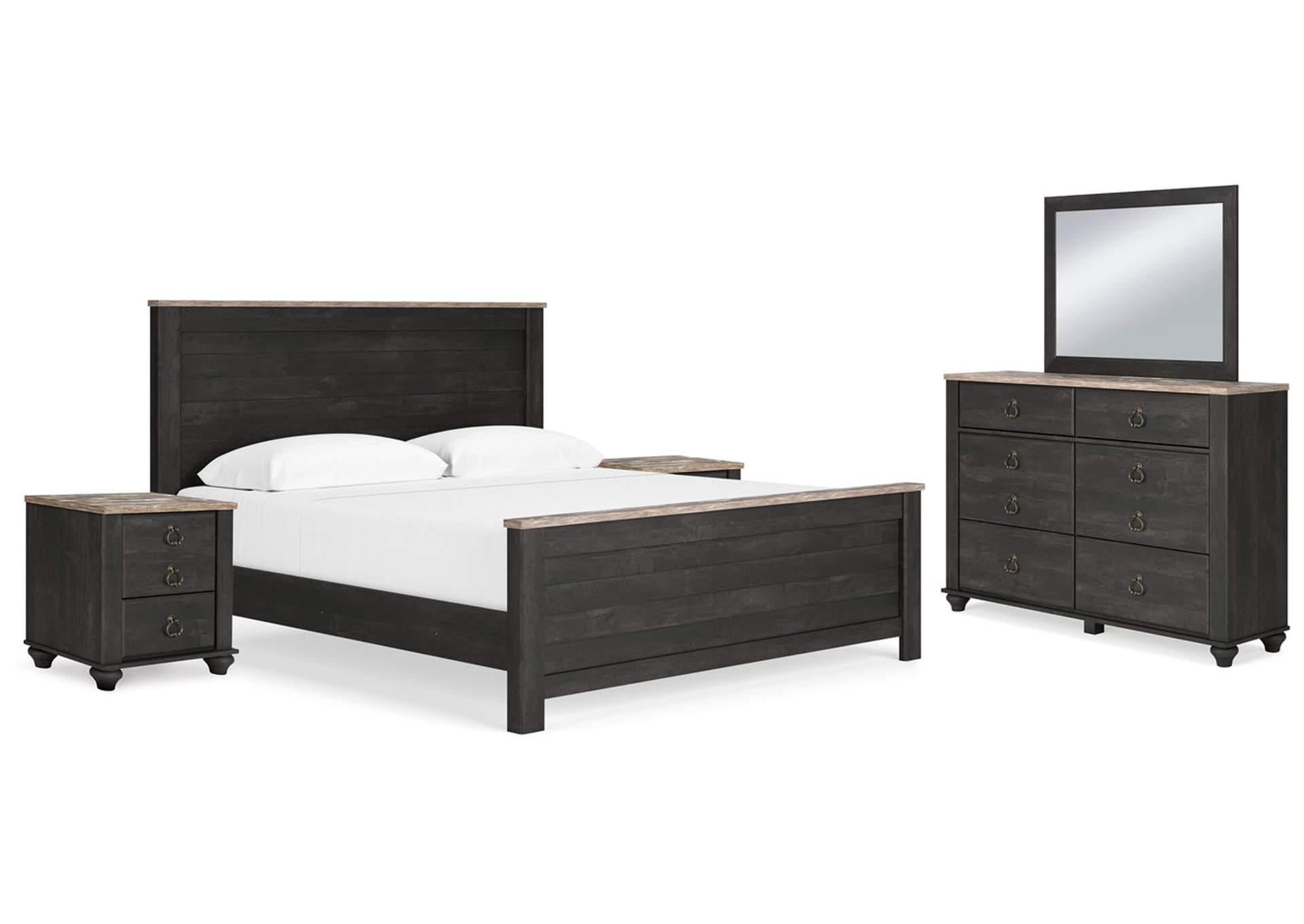 Nanforth King Panel Bed with Mirrored Dresser and 2 Nightstands,Signature Design By Ashley