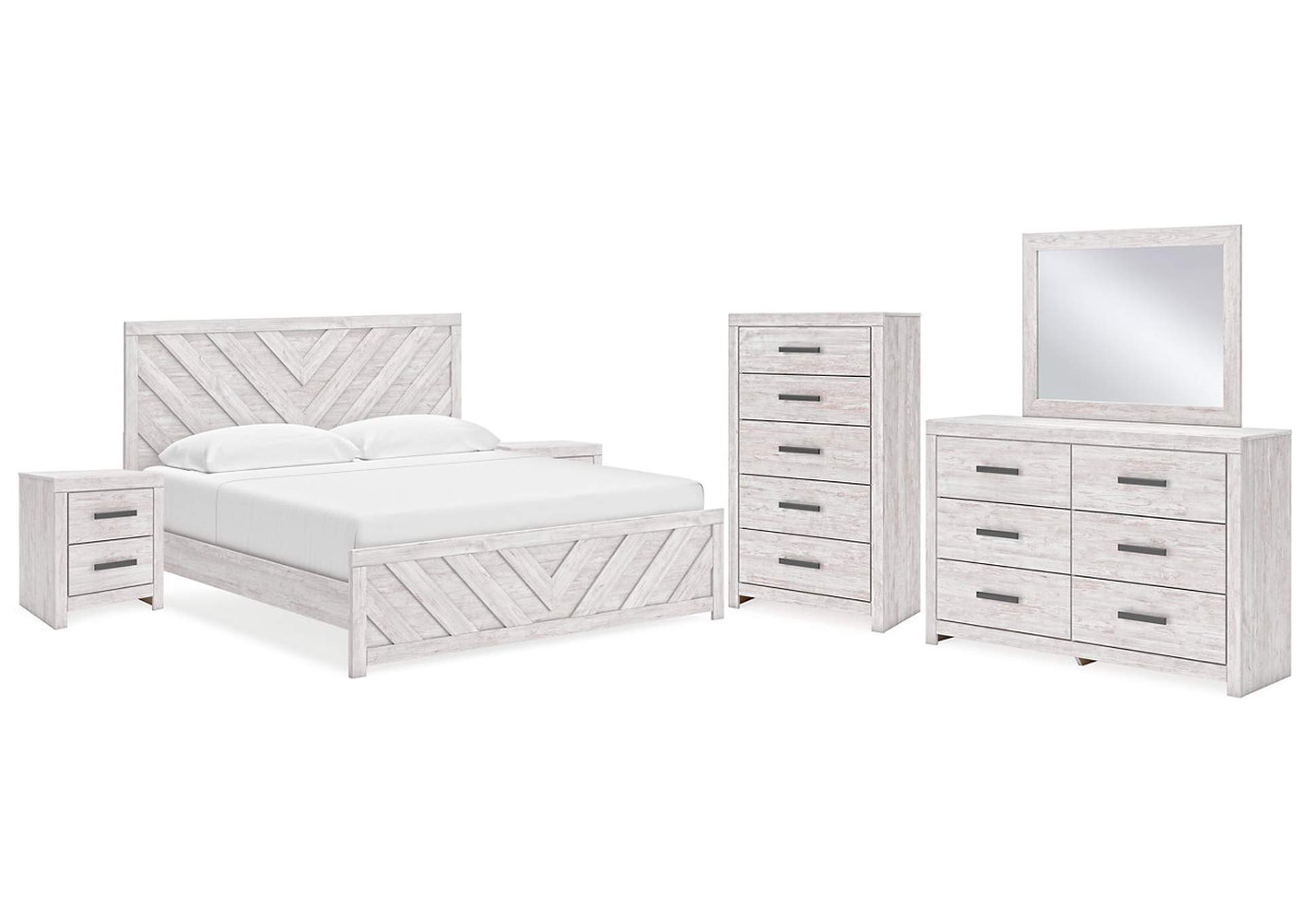 Cayboni King Panel Bed with Mirrored Dresser, Chest and 2 Nightstands,Signature Design By Ashley