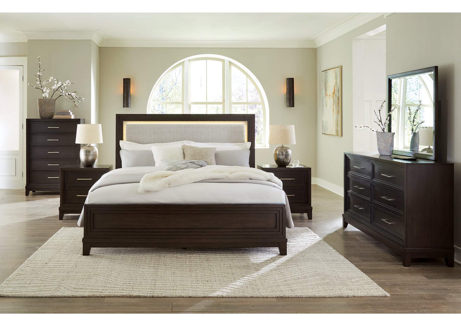 Neymorton California King Upholstered Panel Bed with Mirrored Dresser and Chest,Signature Design By Ashley