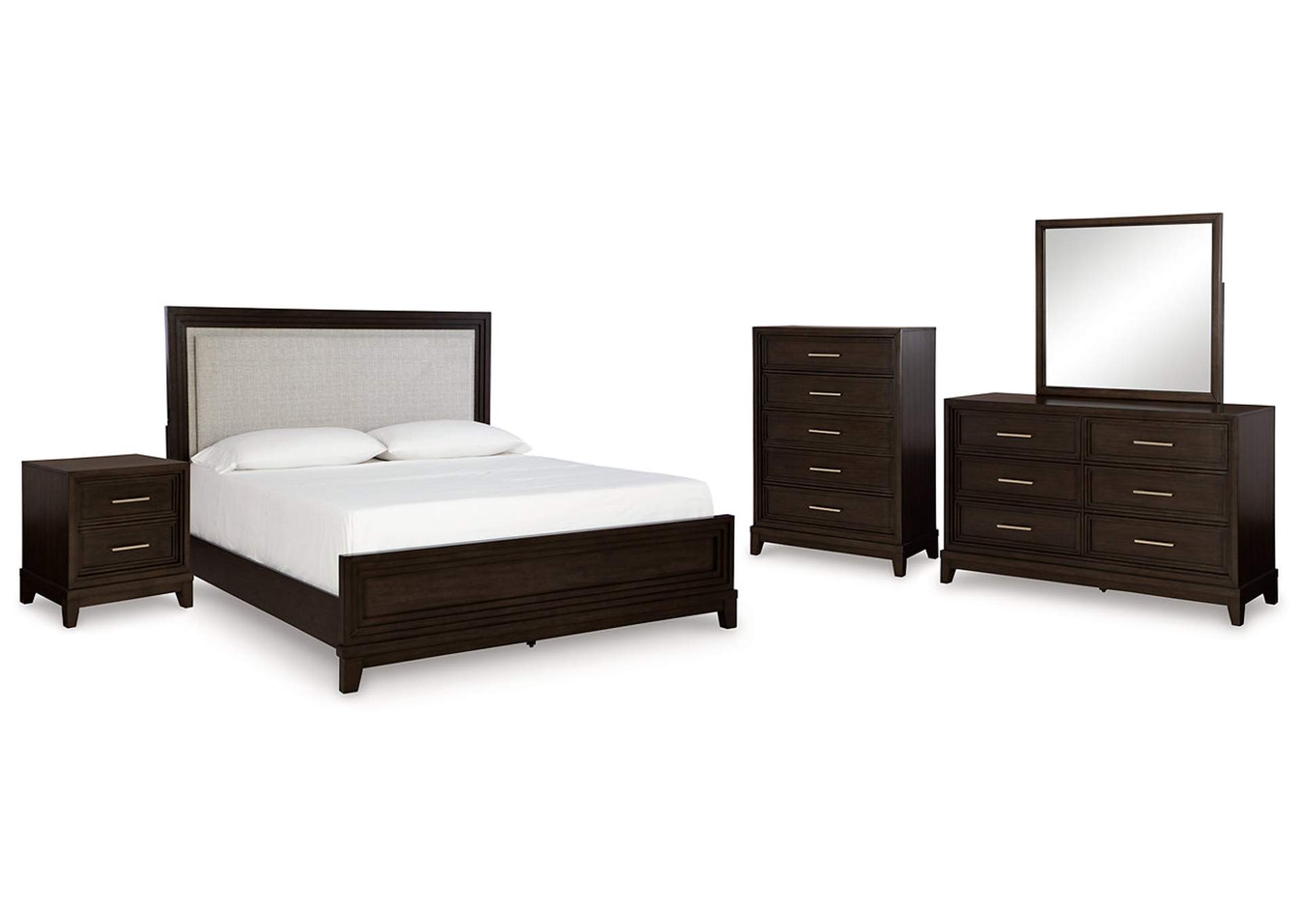 Neymorton Queen Upholstered Panel Bed with Mirrored Dresser, Chest and Nightstand,Signature Design By Ashley