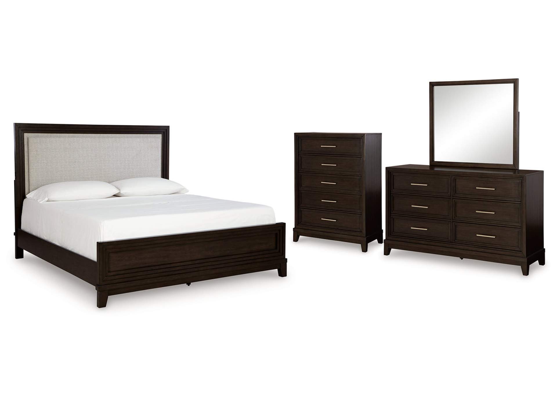 Neymorton Queen Upholstered Panel Bed with Mirrored Dresser and Chest,Signature Design By Ashley