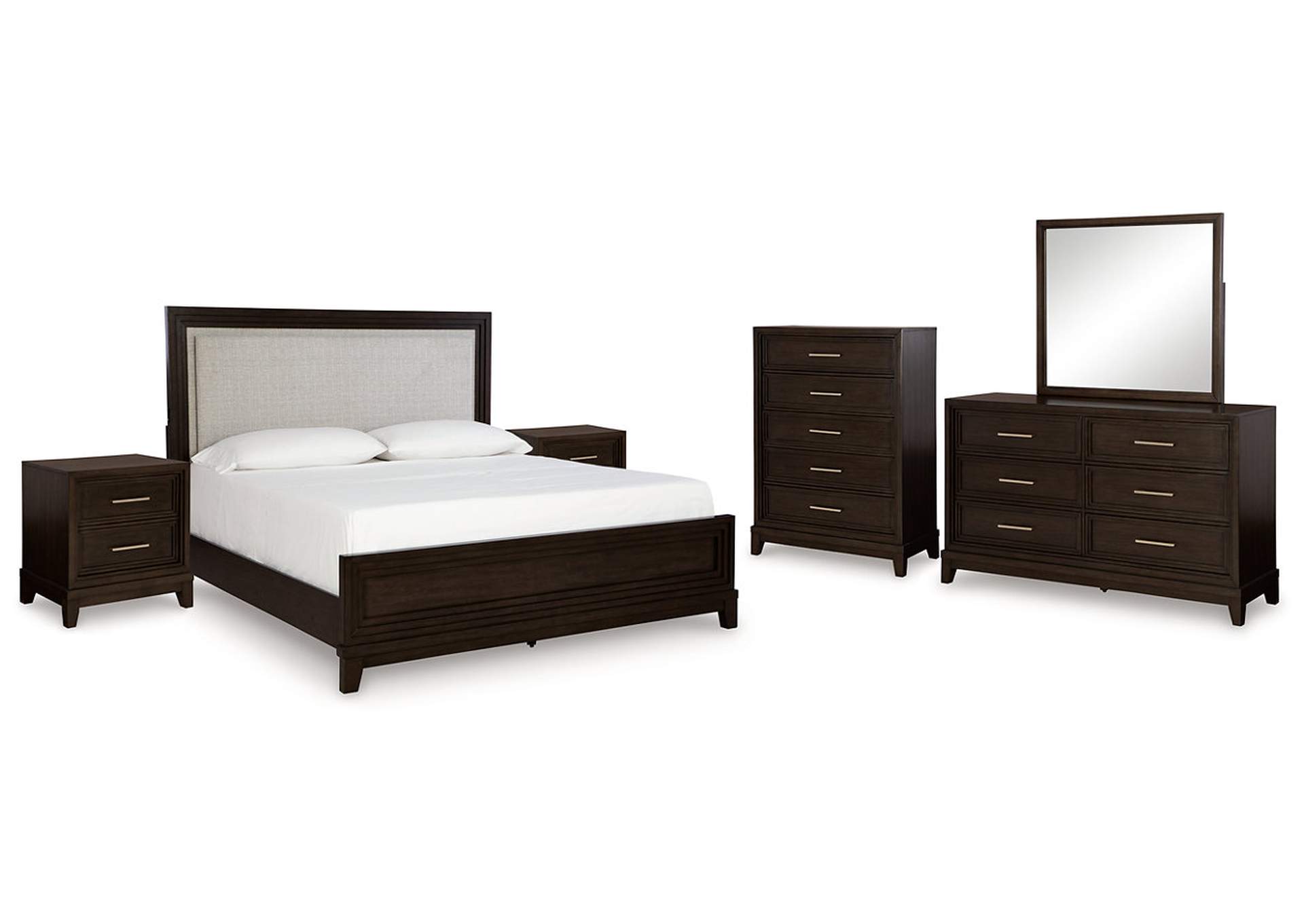 Neymorton California King Upholstered Panel Bed with Mirrored Dresser, Chest and 2 Nightstands,Signature Design By Ashley