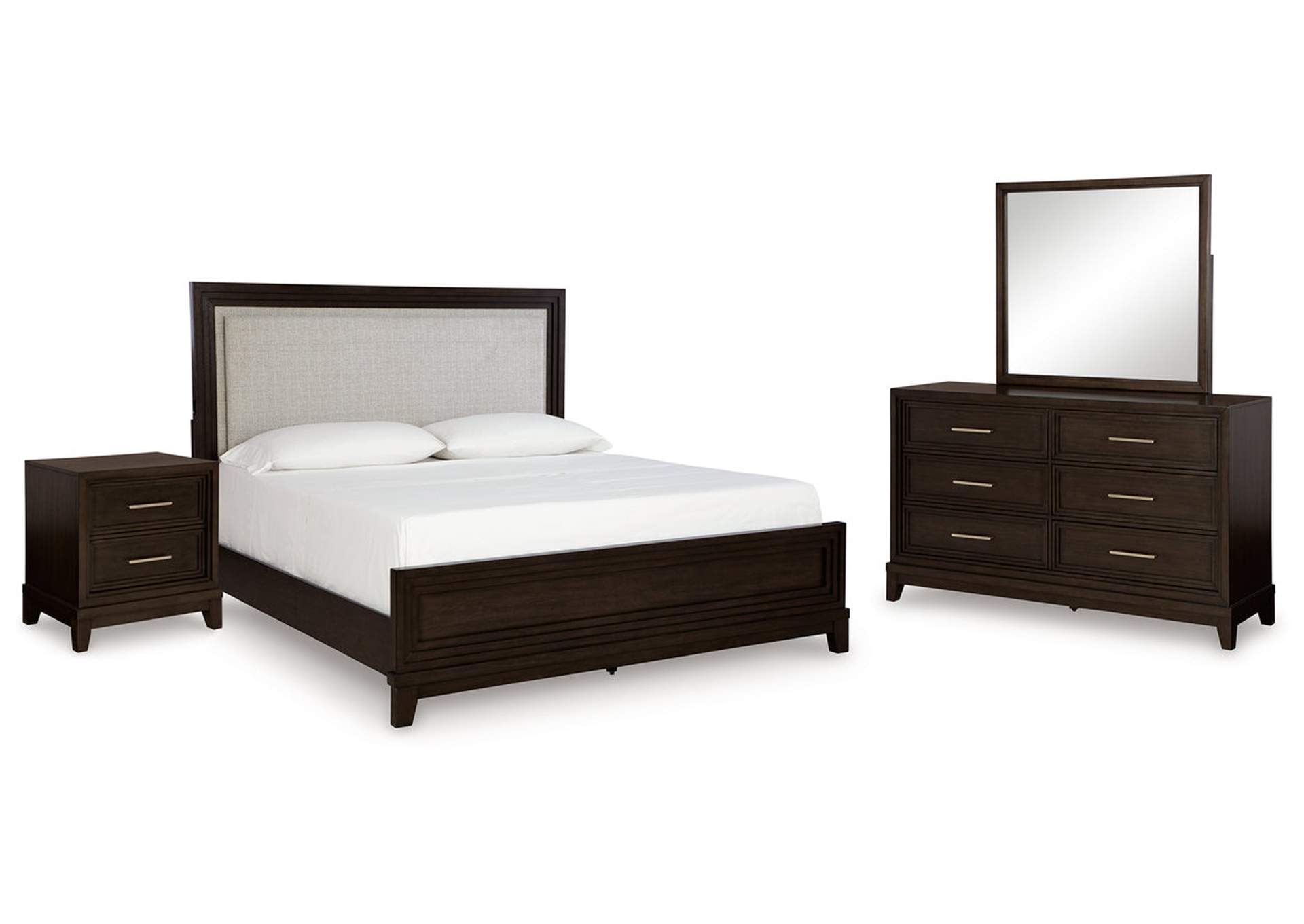 Neymorton King Upholstered Panel Bed with Mirrored Dresser and Nightstand,Signature Design By Ashley