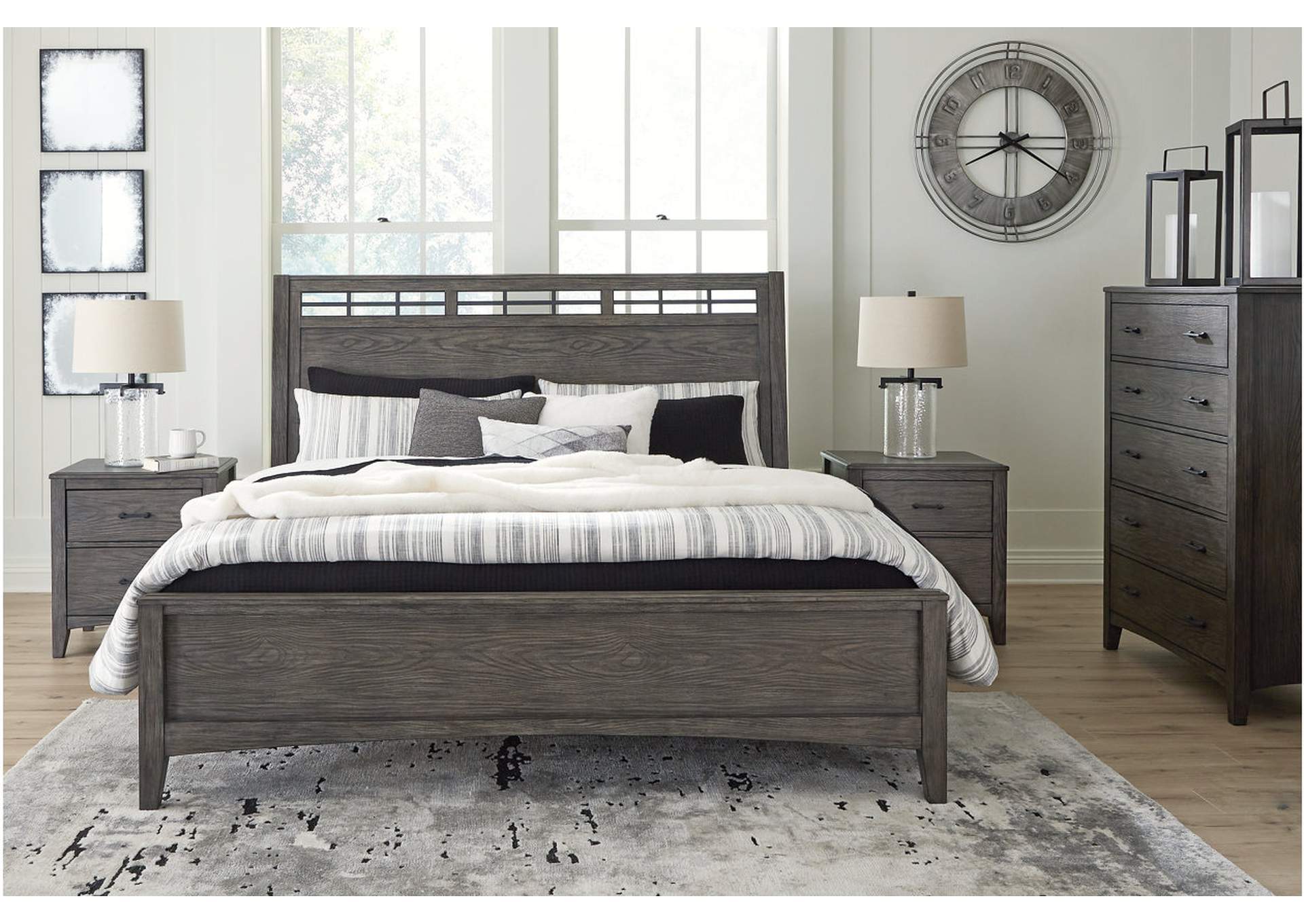 Montillan California King Panel Bed with Mirrored Dresser, Chest and 2 Nightstands,Signature Design By Ashley