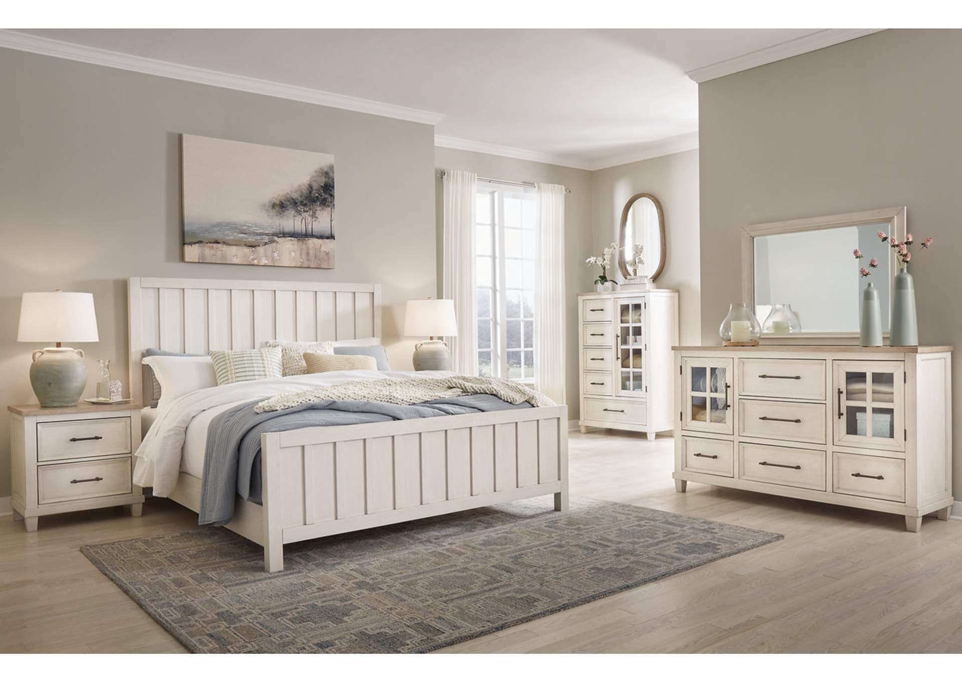 Shaybrock California King Panel Bed with Mirrored Dresser and 2 Nightstands,Benchcraft