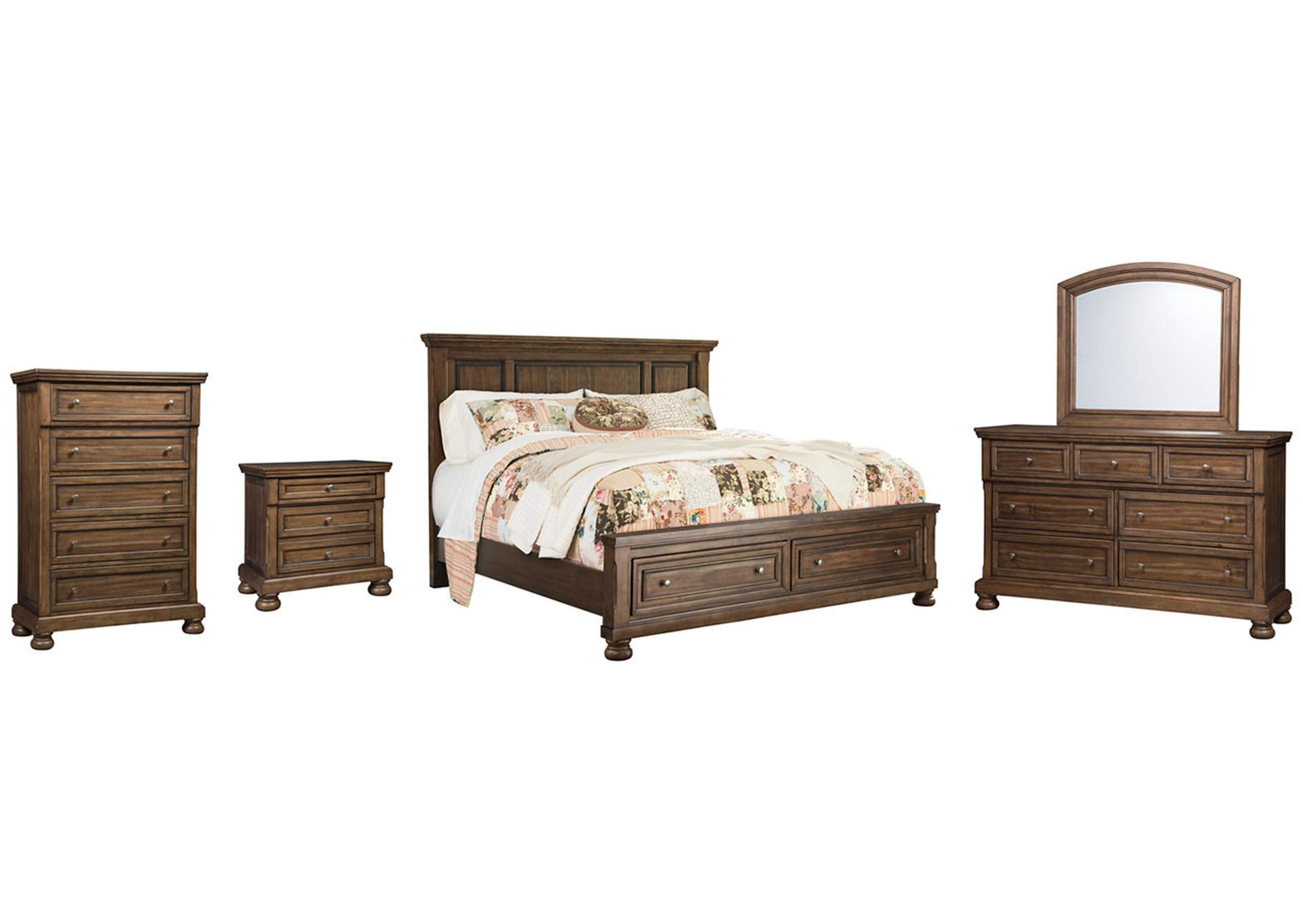 Flynnter Queen Panel Bed with 2 Storage Drawers with Mirrored Dresser, Chest and Nightstand,Signature Design By Ashley