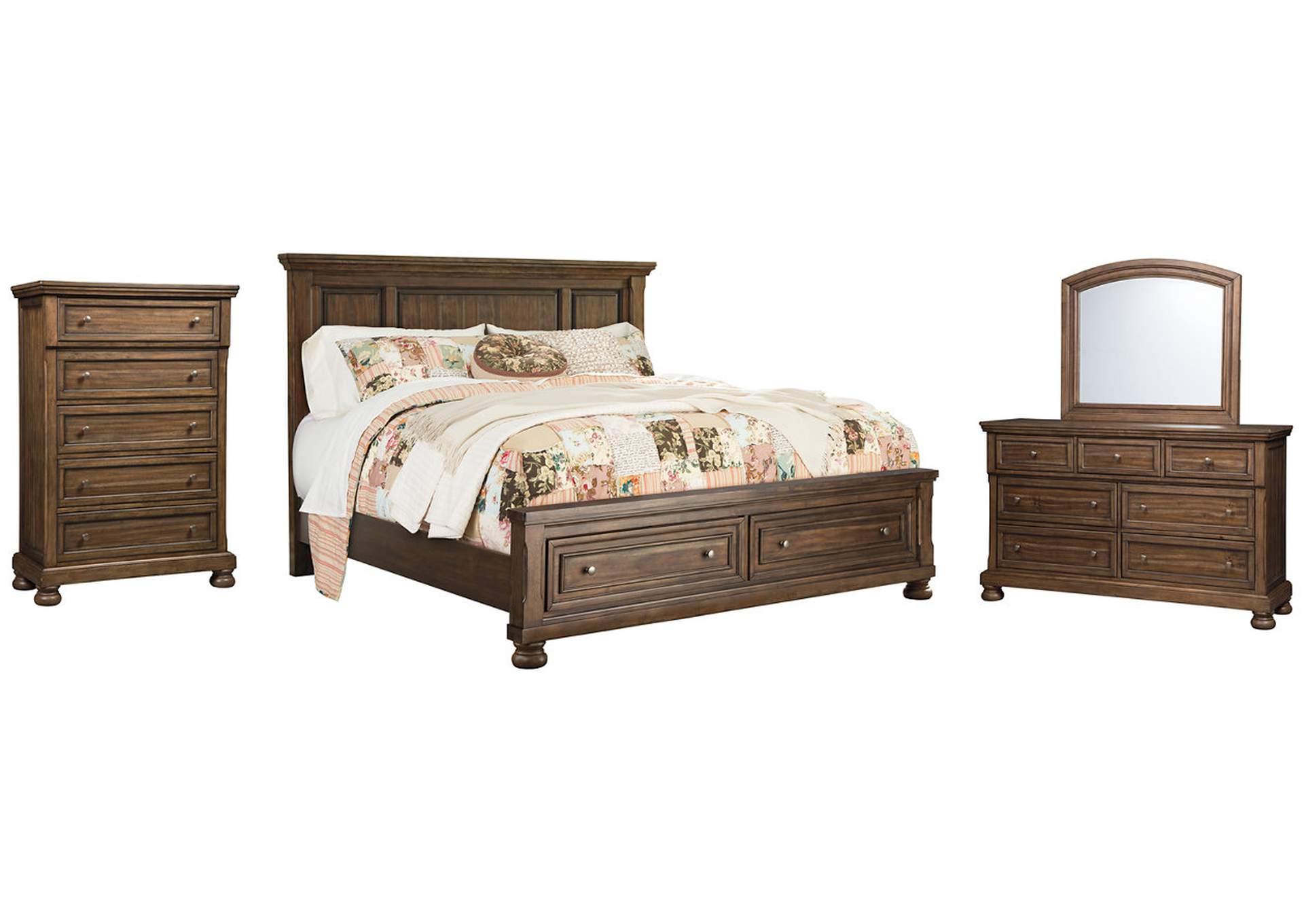 Flynnter California King Panel Bed with 2 Storage Drawers with Mirrored Dresser and Chest,Signature Design By Ashley