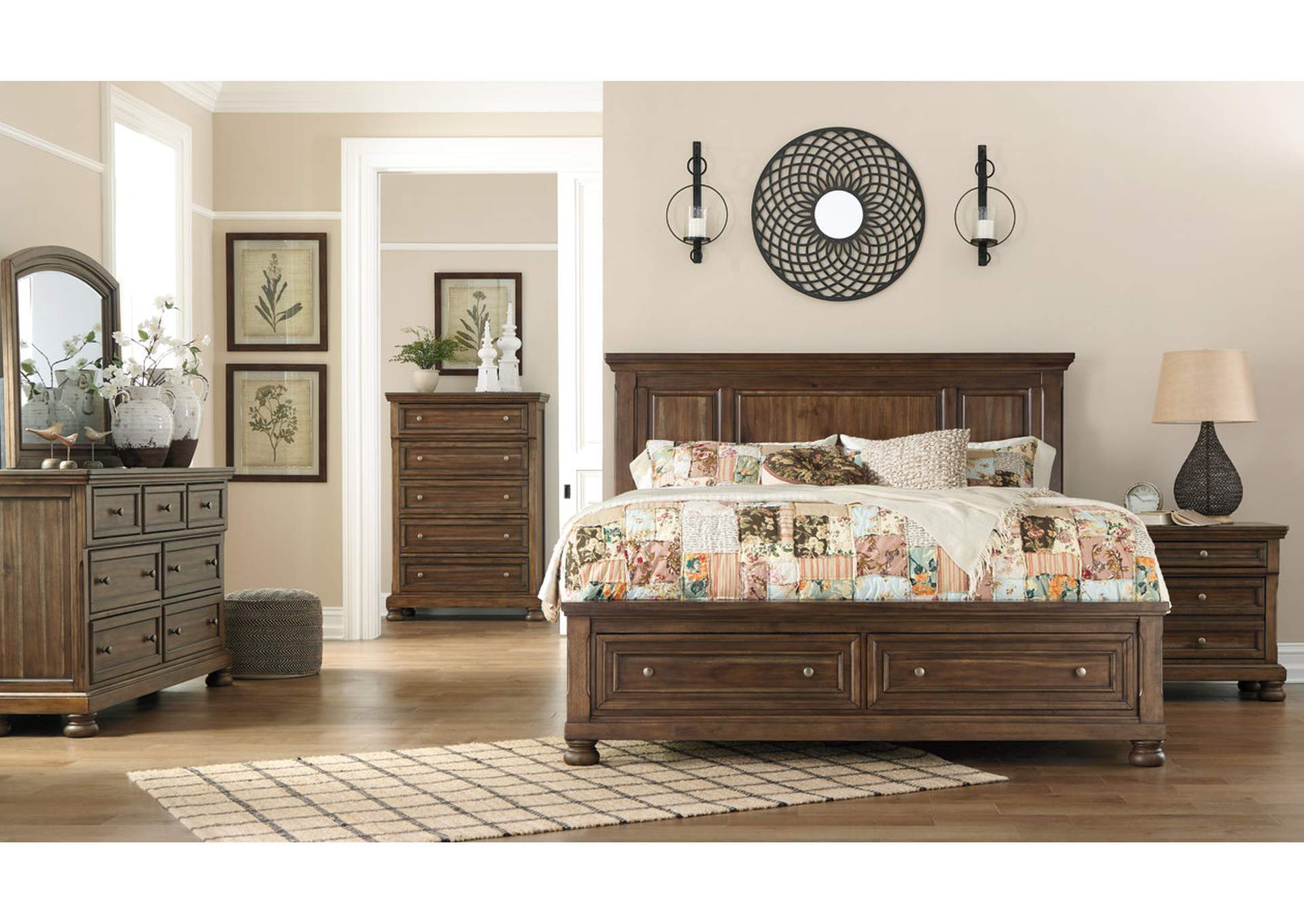 Flynnter California King Panel Bed with 2 Storage Drawers with Mirrored Dresser, Chest and Nightstand,Signature Design By Ashley