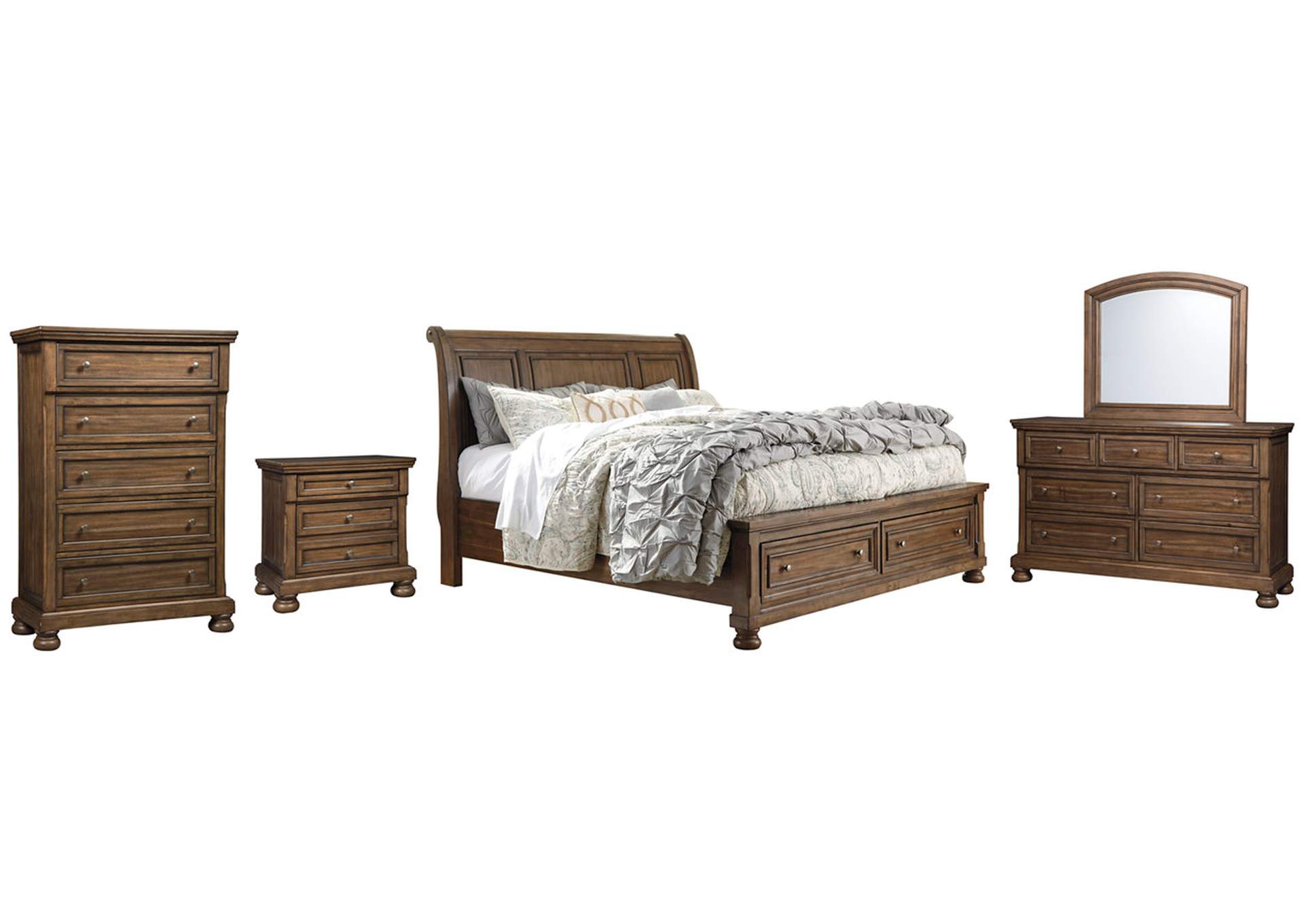 Flynnter California King Sleigh Bed with 2 Storage Drawers with Mirrored Dresser, Chest and Nightstand,Signature Design By Ashley