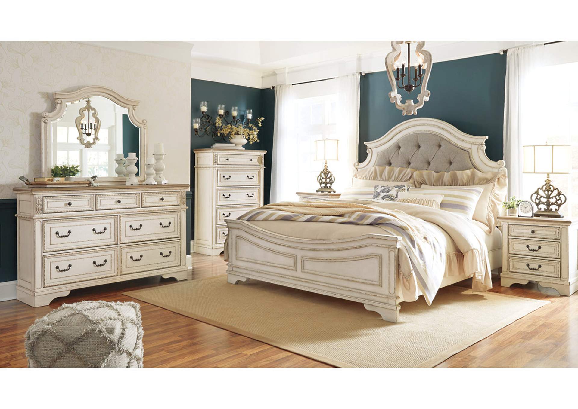 Realyn California King Upholstered Panel Bed with Mirrored Dresser, Chest and Nightstand,Signature Design By Ashley