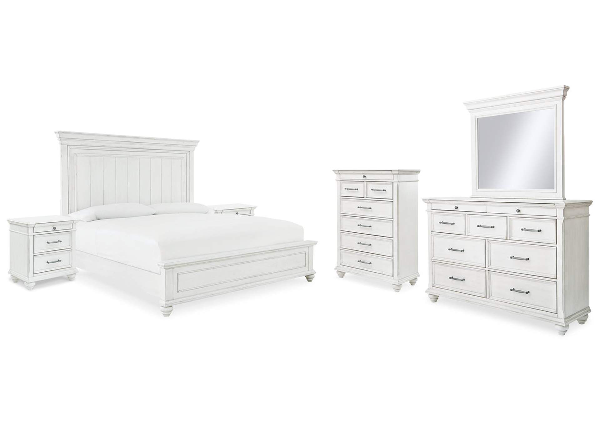 Kanwyn King Panel Bed with Mirrored Dresser, Chest and 2 Nightstands,Benchcraft