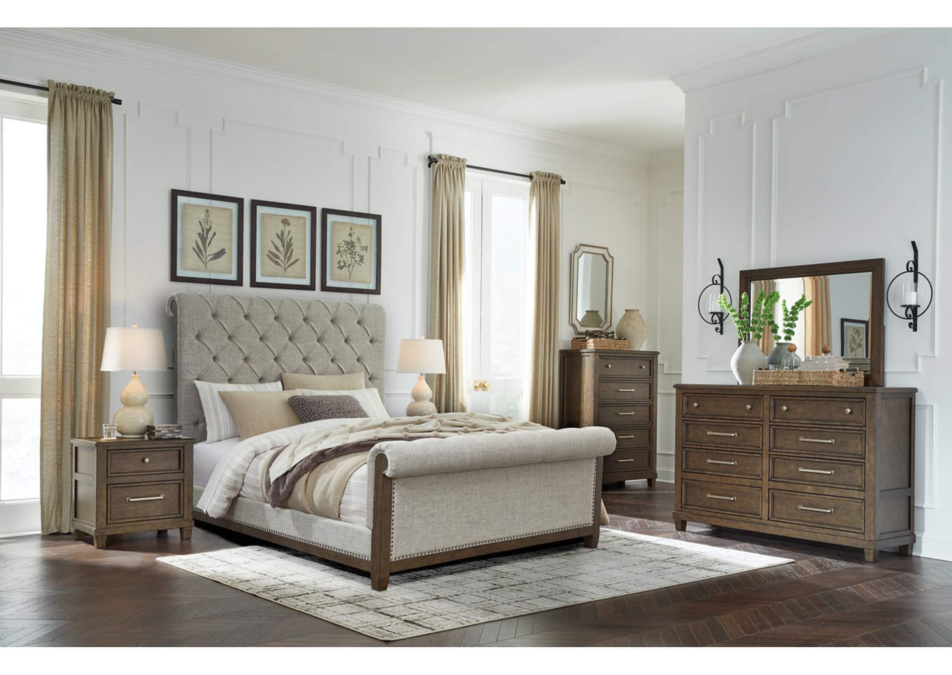 Hillcott Queen Upholstered Bed with Dresser and Nightstand,Millennium