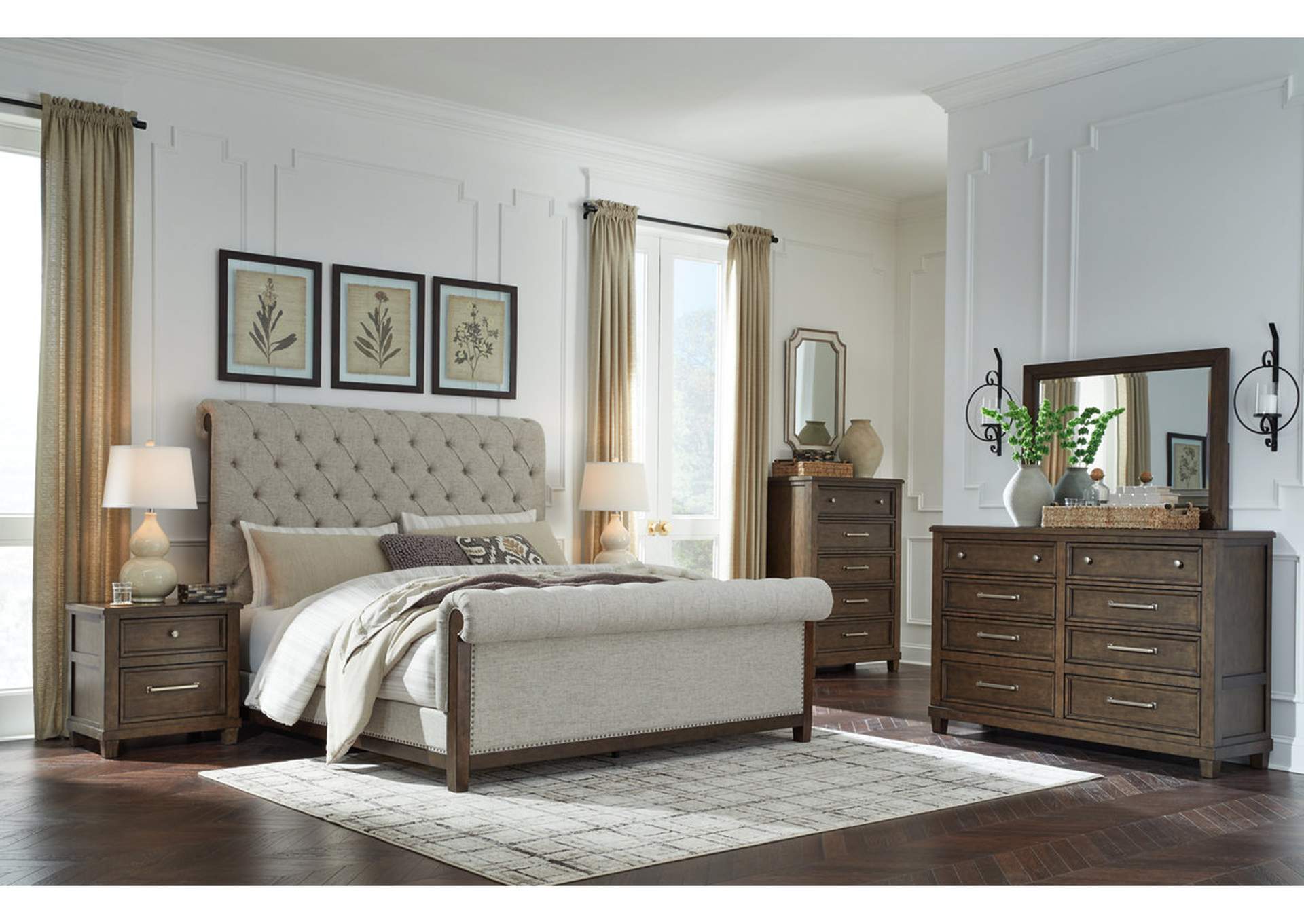 Hillcott California King Upholstered Bed with Dresser and Nightstand,Millennium