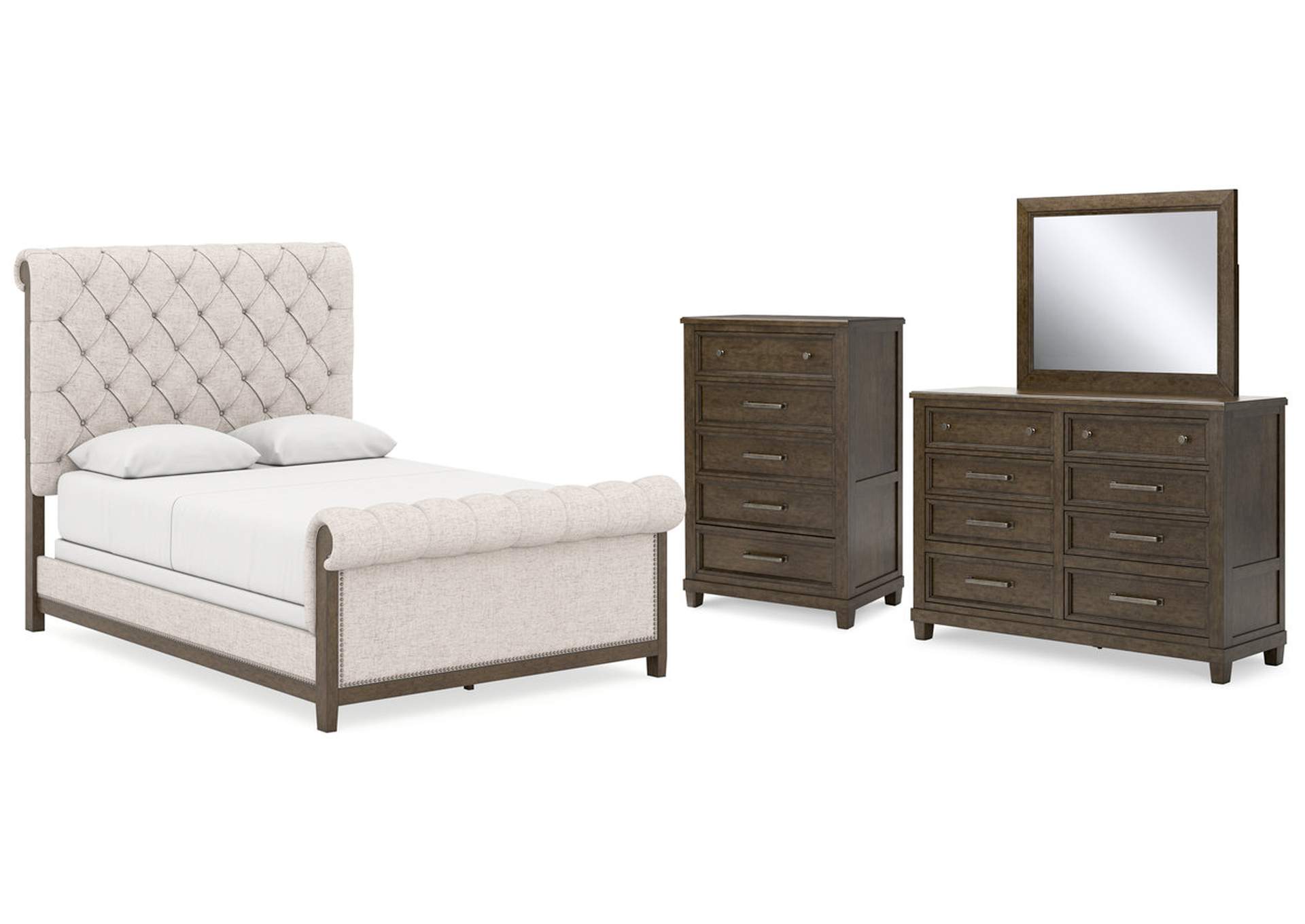 Hillcott Queen Upholstered Bed with Mirrored Dresser and Chest,Millennium