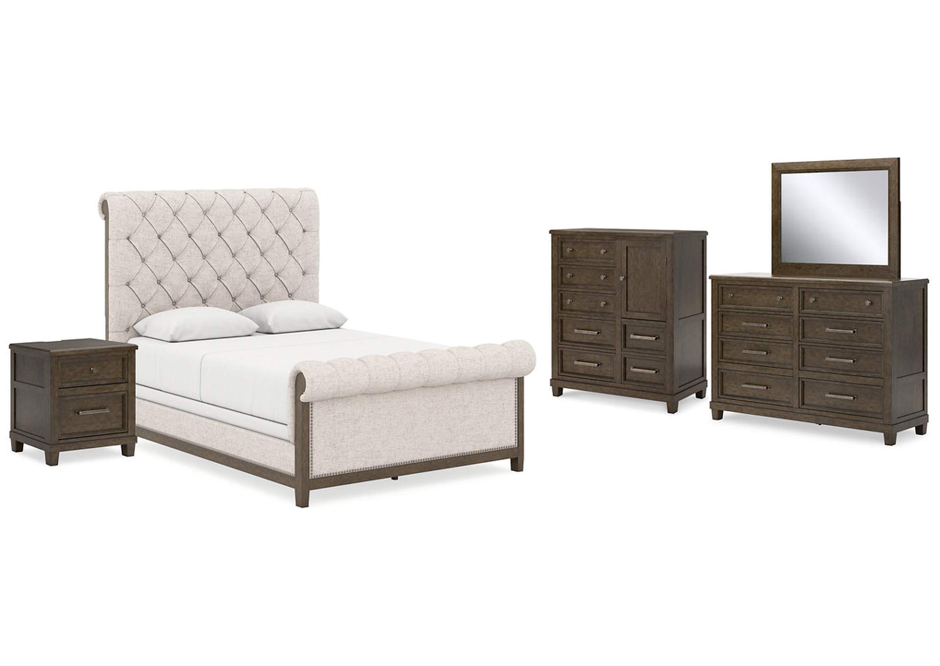 Hillcott Queen Upholstered Bed with Mirrored Dresser, Chest and Nightstand,Millennium