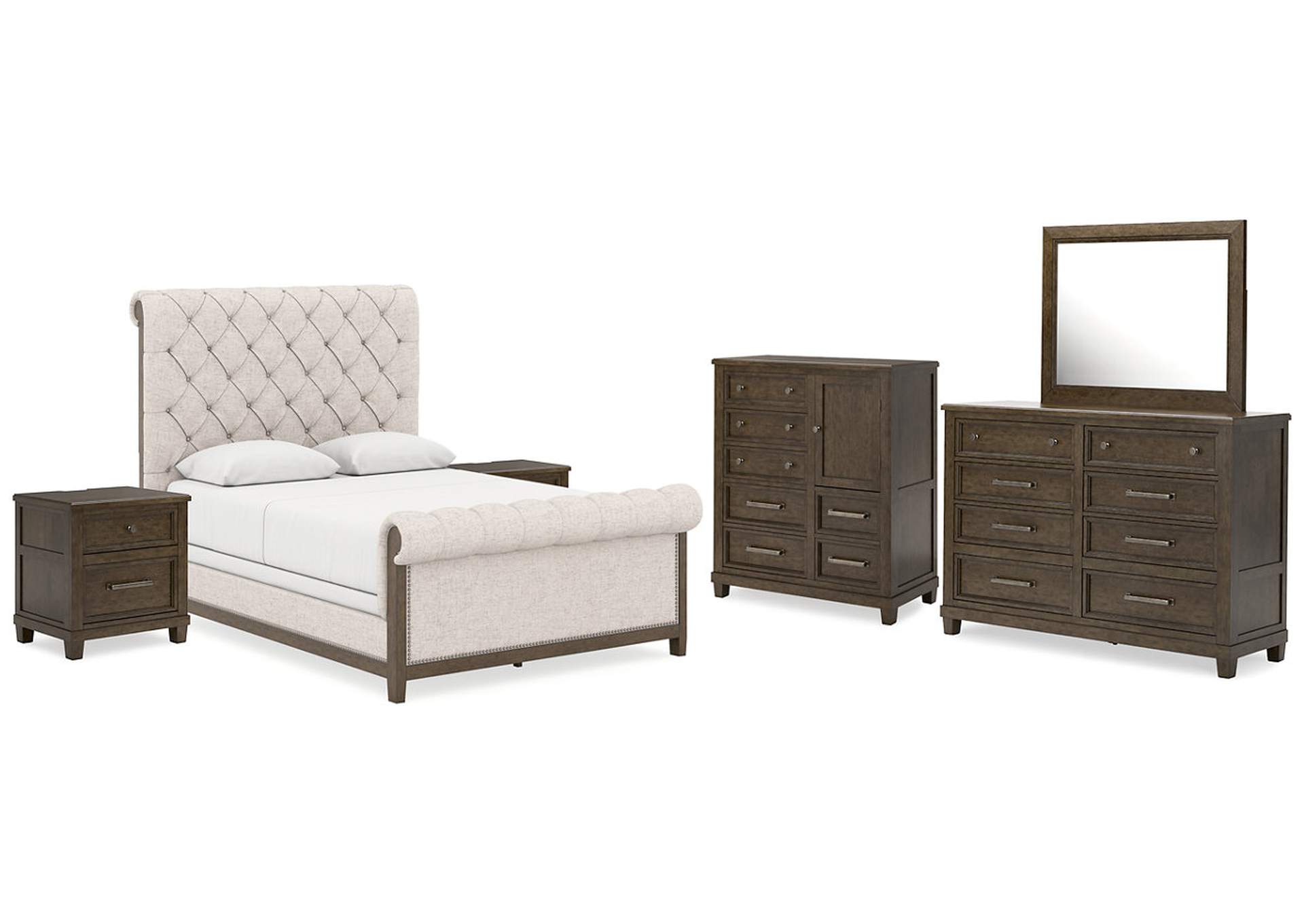 Hillcott Queen Upholstered Bed with Mirrored Dresser, Chest and 2 Nightstands,Millennium