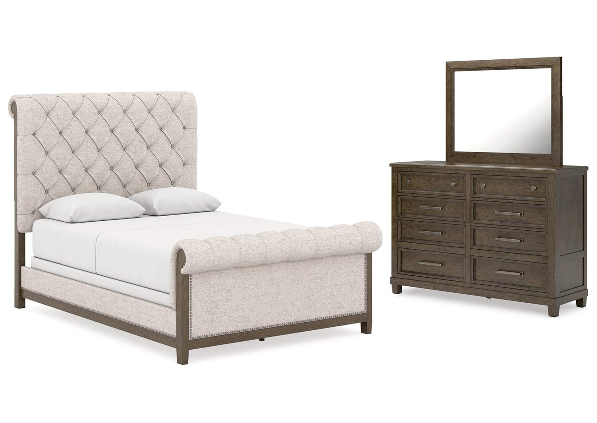 Hillcott Queen Upholstered Bed with Mirrored Dresser,Millennium