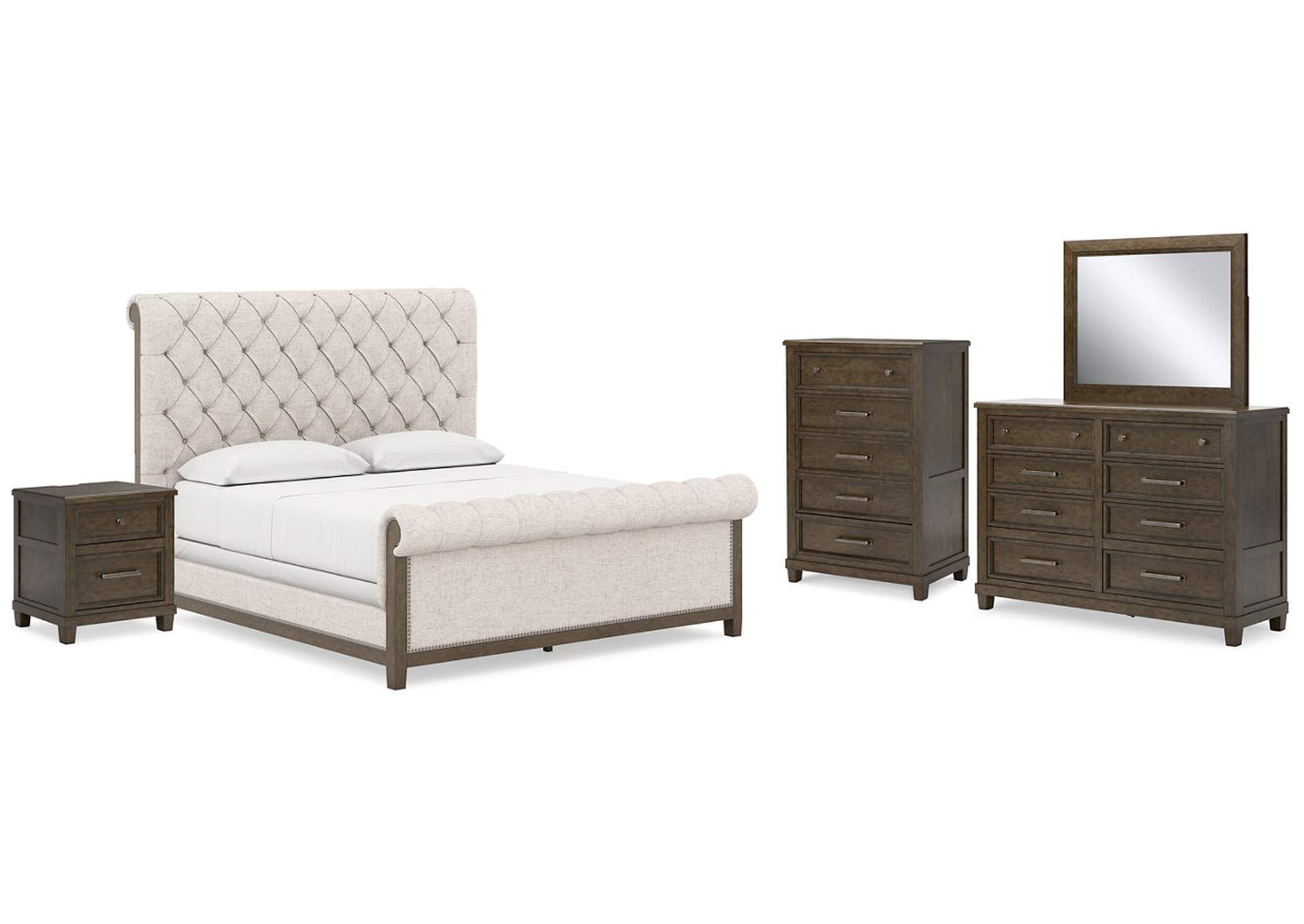 Hillcott California King Upholstered Bed with Mirrored Dresser, Chest and Nightstand,Millennium