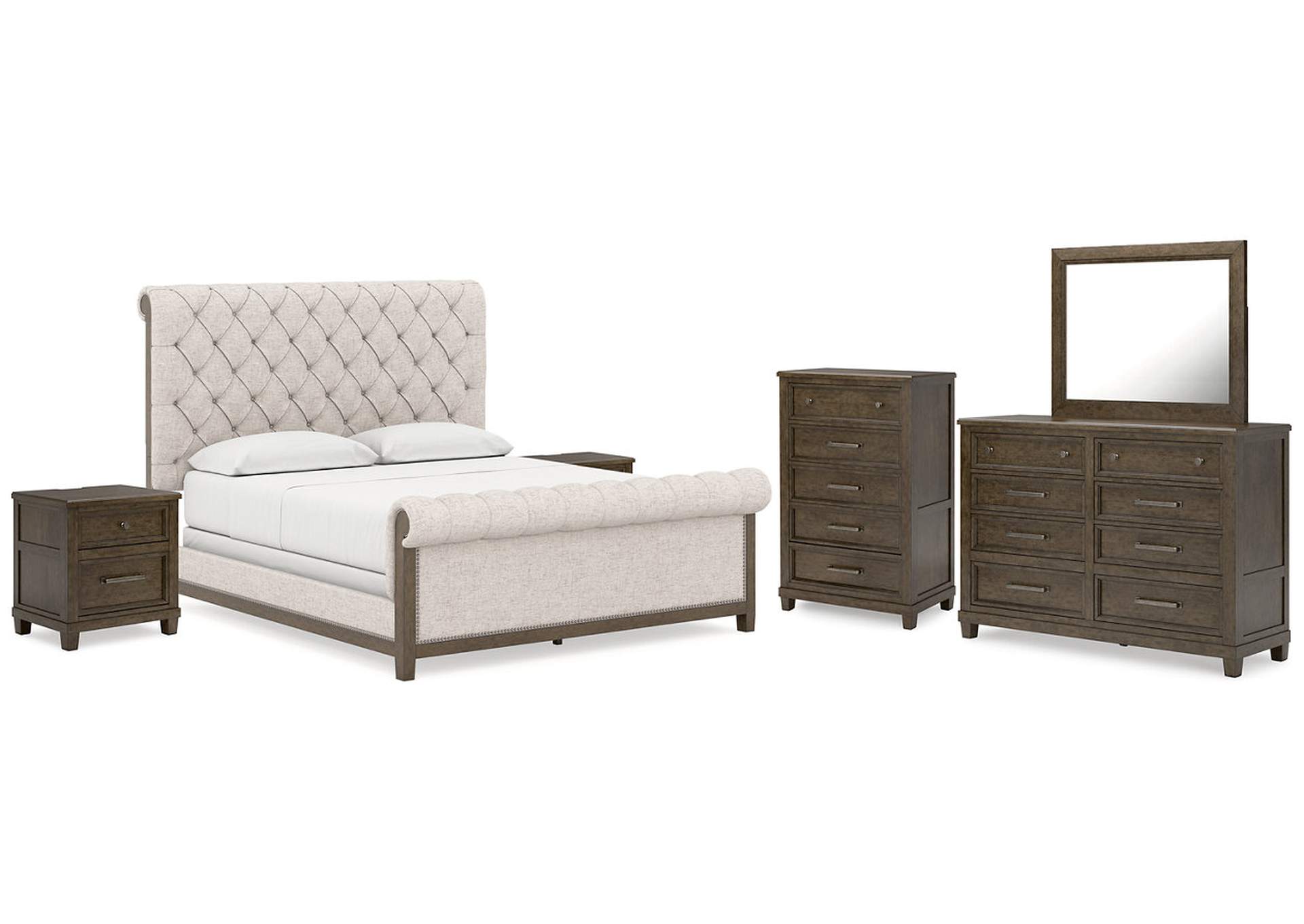 Hillcott California King Upholstered Bed with Mirrored Dresser, Chest and 2 Nightstands,Millennium