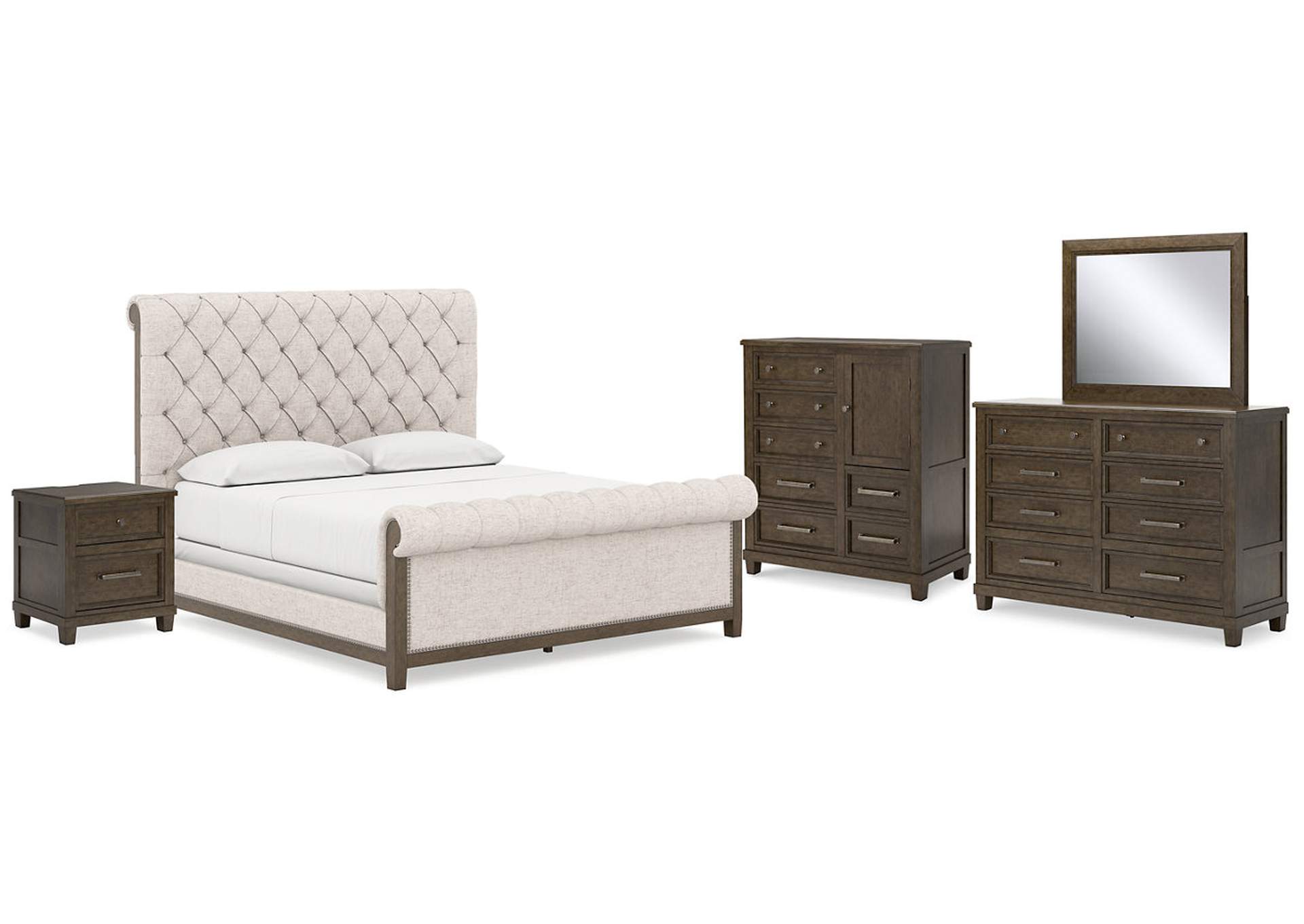 Hillcott California King Upholstered Bed with Mirrored Dresser, Chest and Nightstand,Millennium