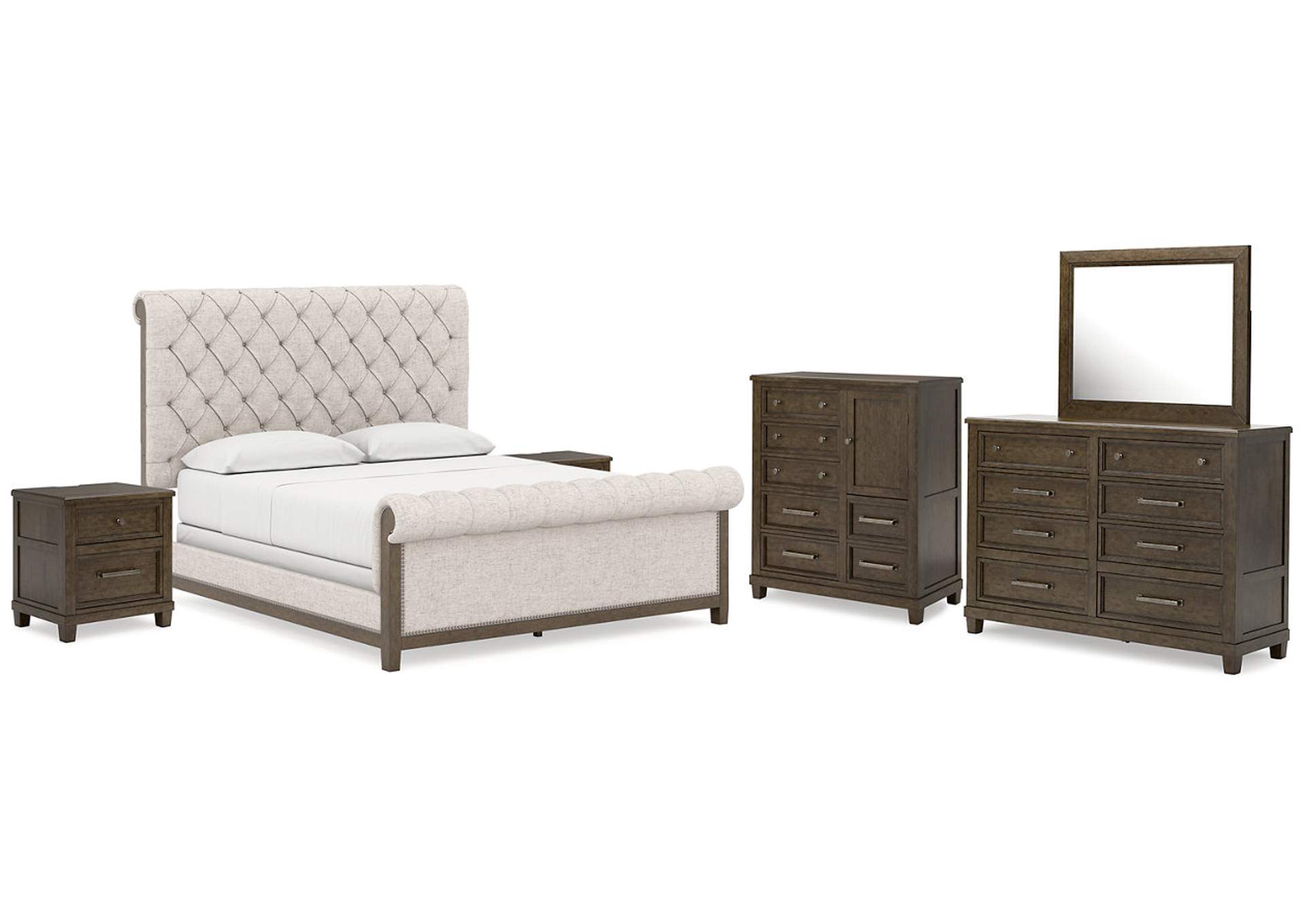 Hillcott California King Upholstered Bed with Mirrored Dresser, Chest and 2 Nightstands,Millennium