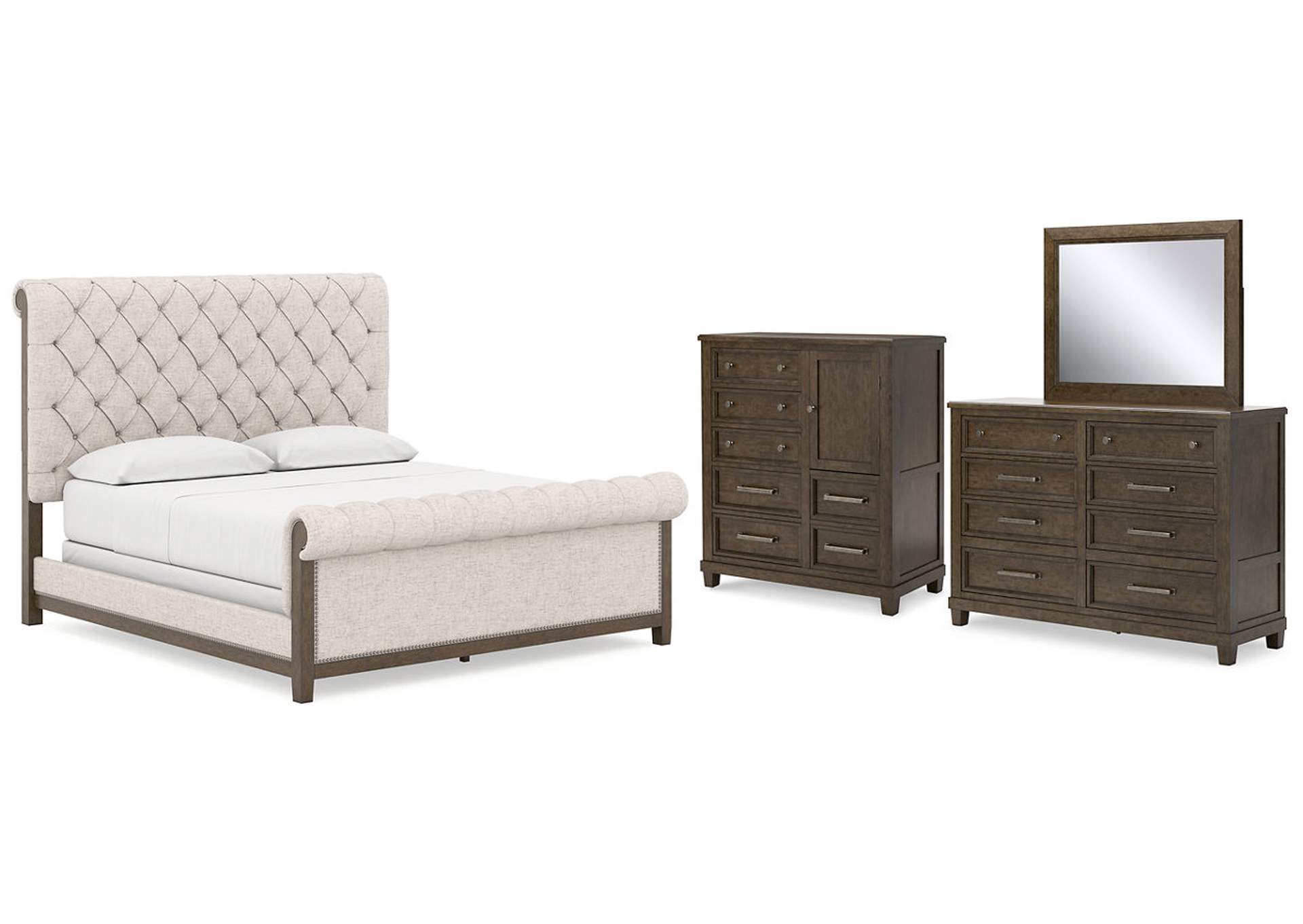 Hillcott California King Upholstered Bed with Mirrored Dresser and Nightstand,Millennium