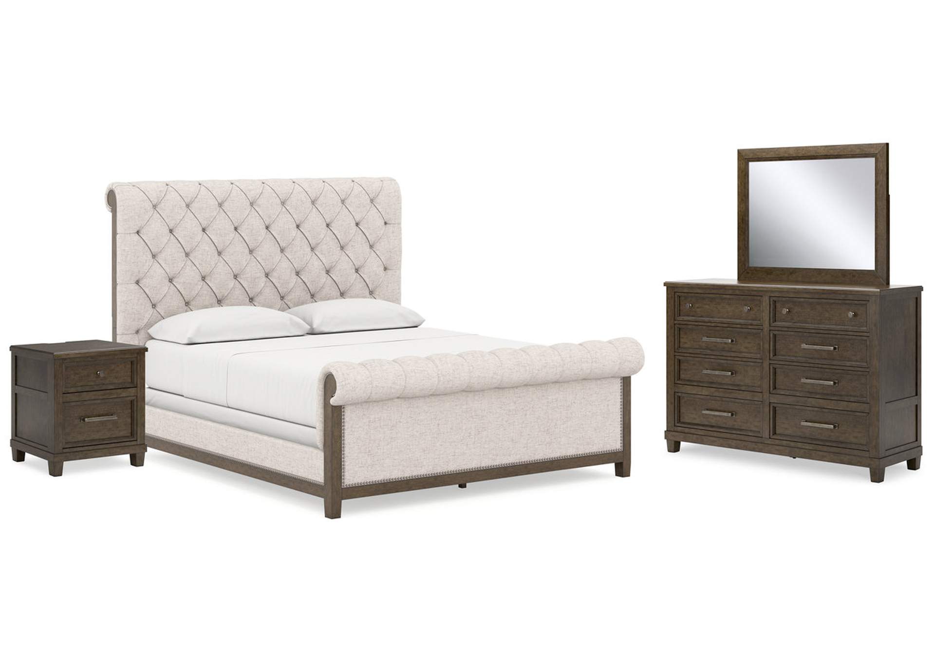 Hillcott California King Upholstered Bed with Mirrored Dresser and Nightstand,Millennium