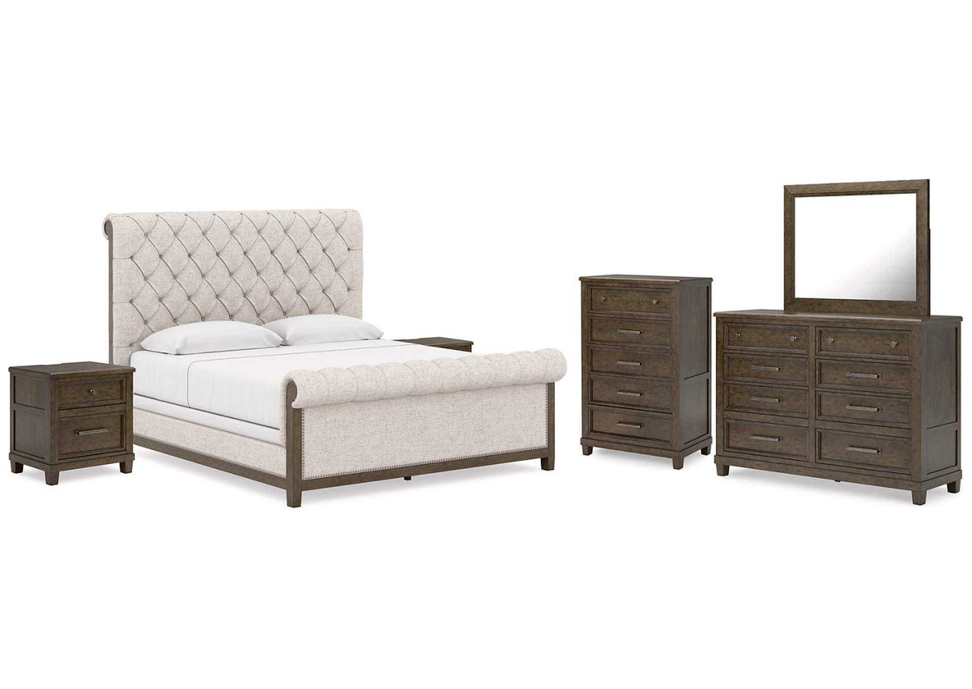 Hillcott King Upholstered Bed with Mirrored Dresser, Chest and 2 Nightstands,Millennium