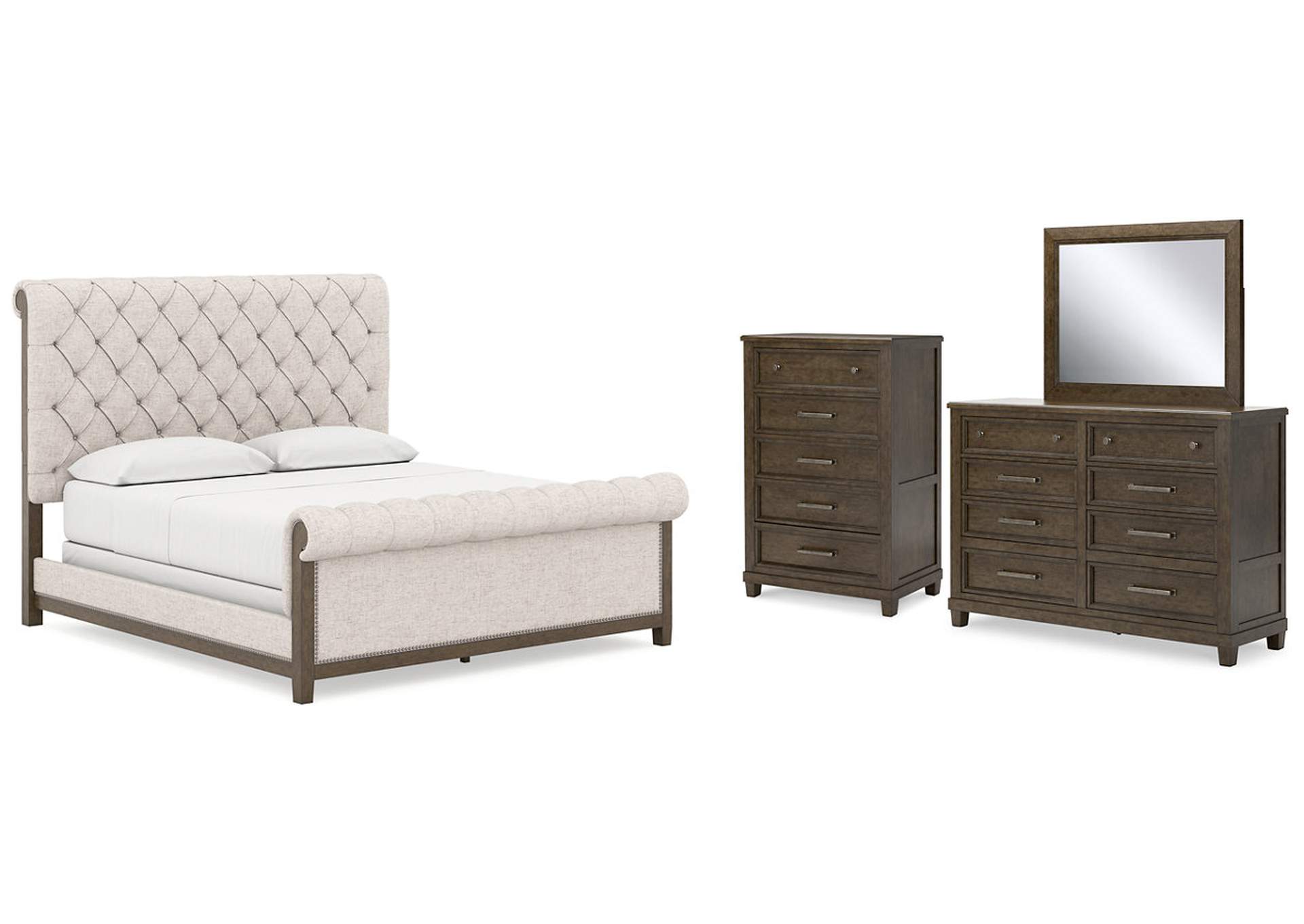 Hillcott King Upholstered Bed with Mirrored Dresser and Chest,Millennium