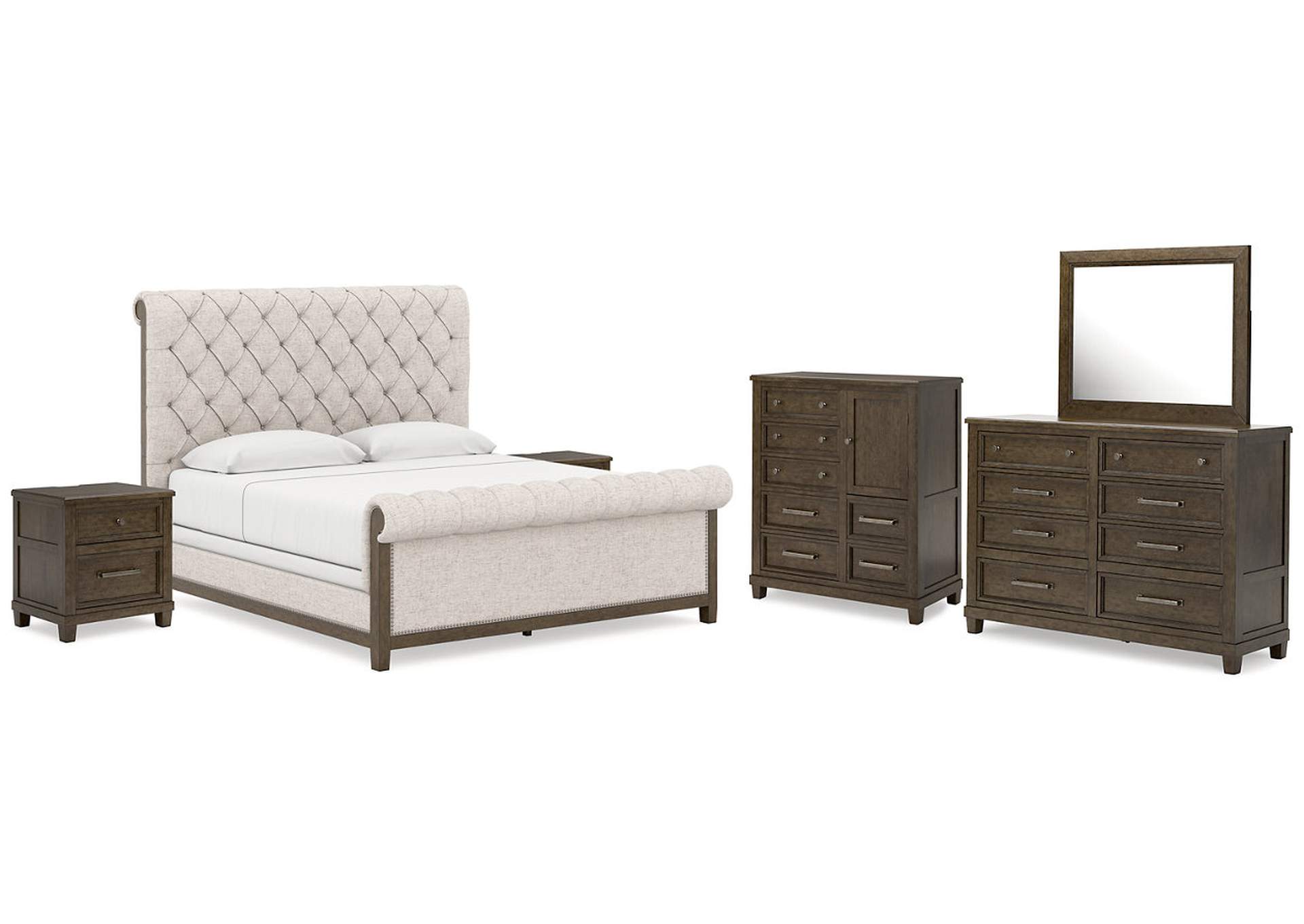 Hillcott King Upholstered Bed with Mirrored Dresser, Chest and 2 Nightstands,Millennium