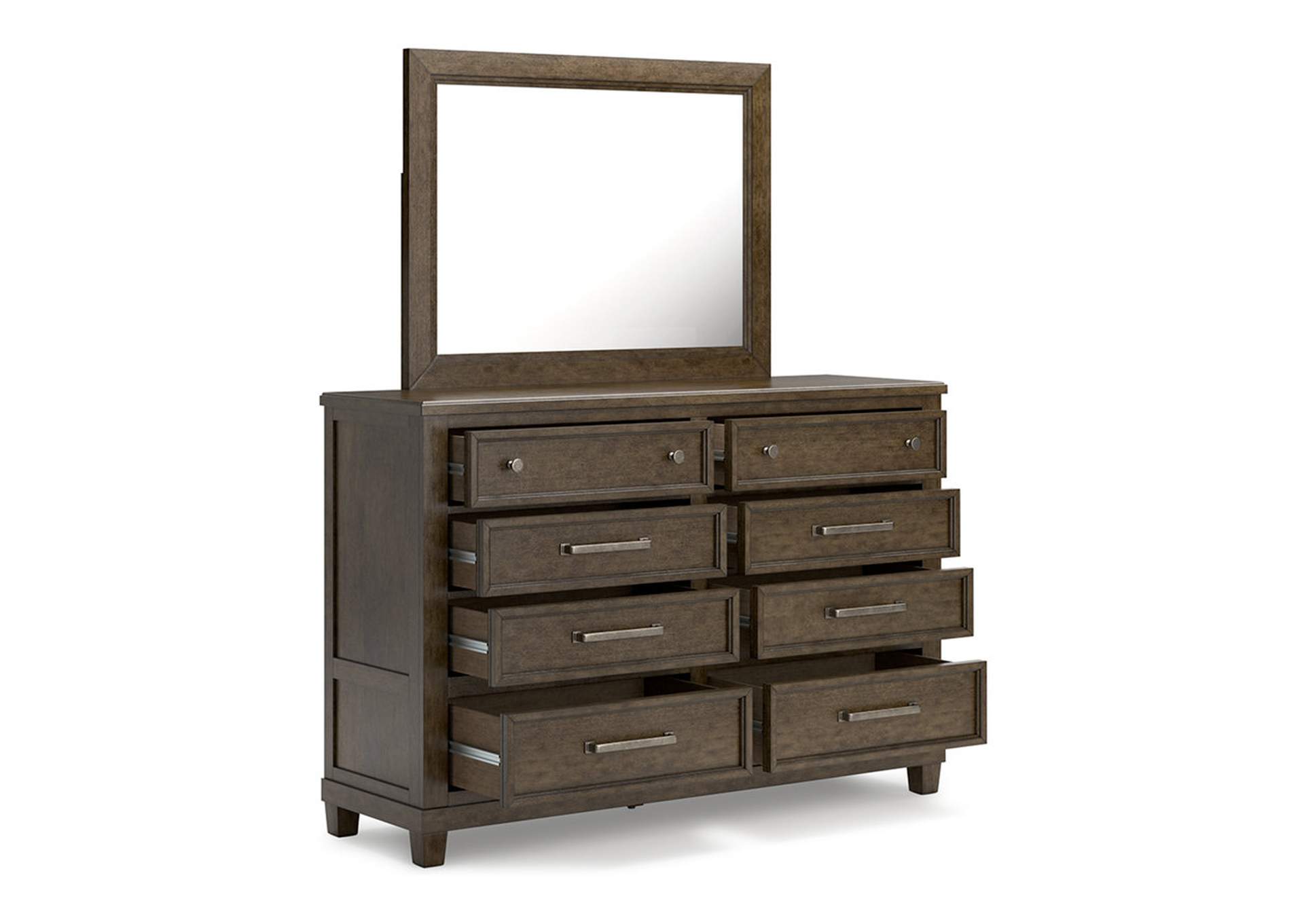 Hillcott King Upholstered Bed with Mirrored Dresser, Chest and Nightstand,Millennium