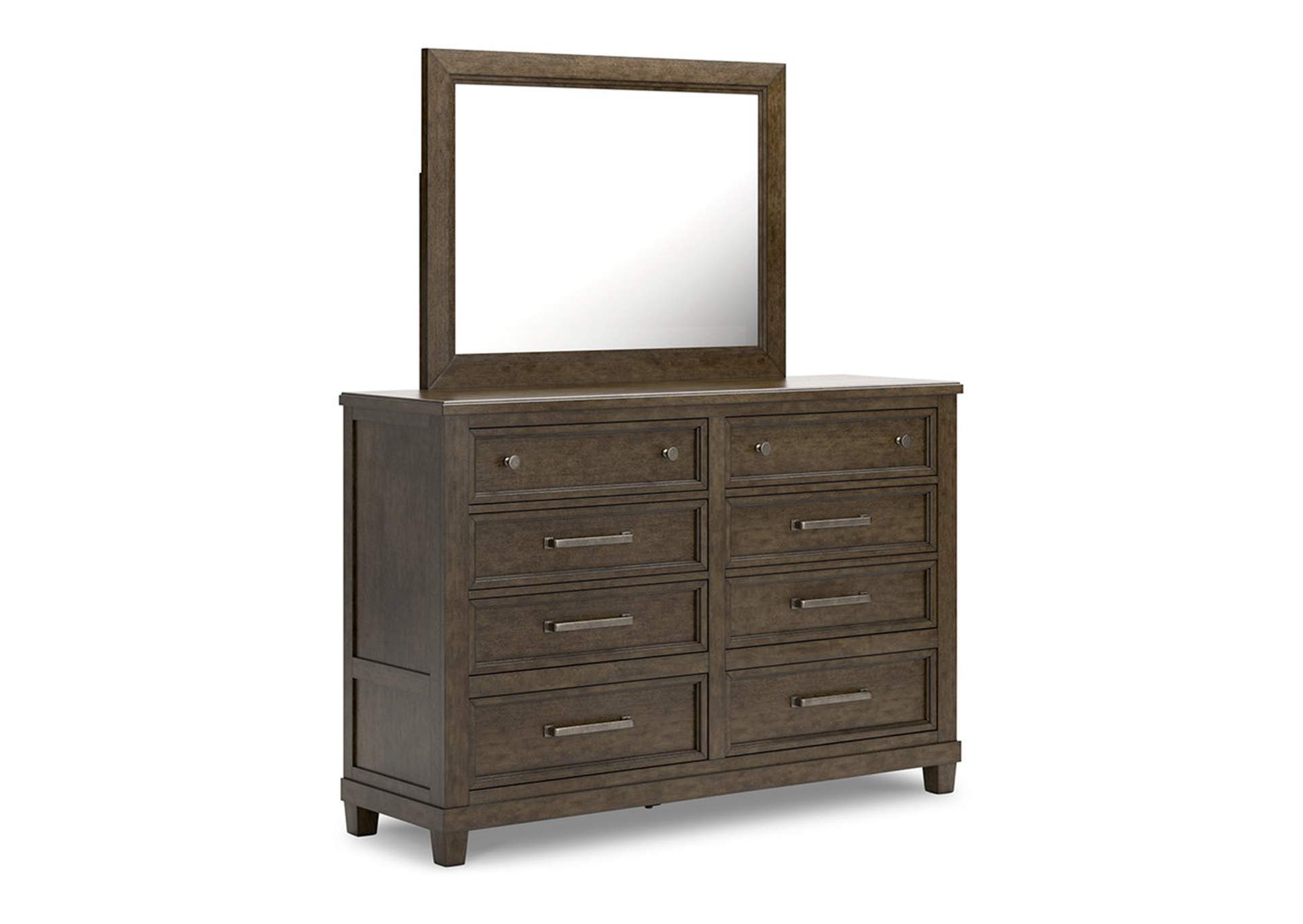 Hillcott California King Upholstered Bed with Mirrored Dresser, Chest and Nightstand,Millennium