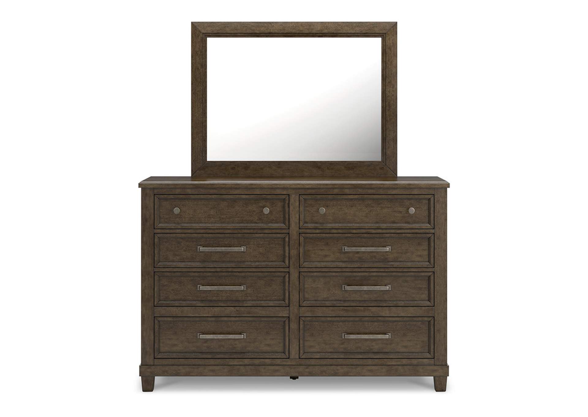 Hillcott Queen Upholstered Bed with Mirrored Dresser and Chest,Millennium