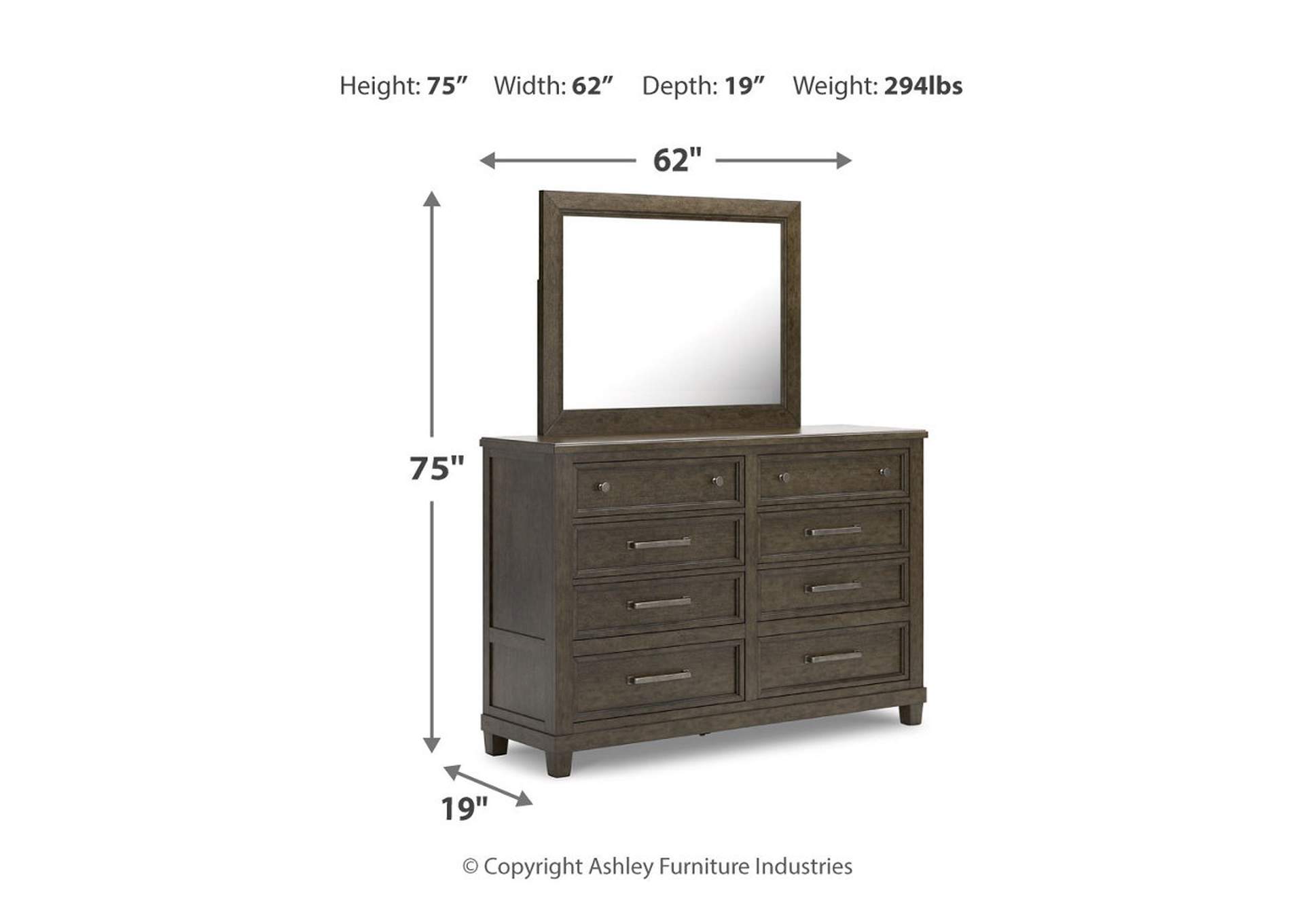 Hillcott California King Upholstered Bed with Mirrored Dresser, Chest and Nightstand,Millennium