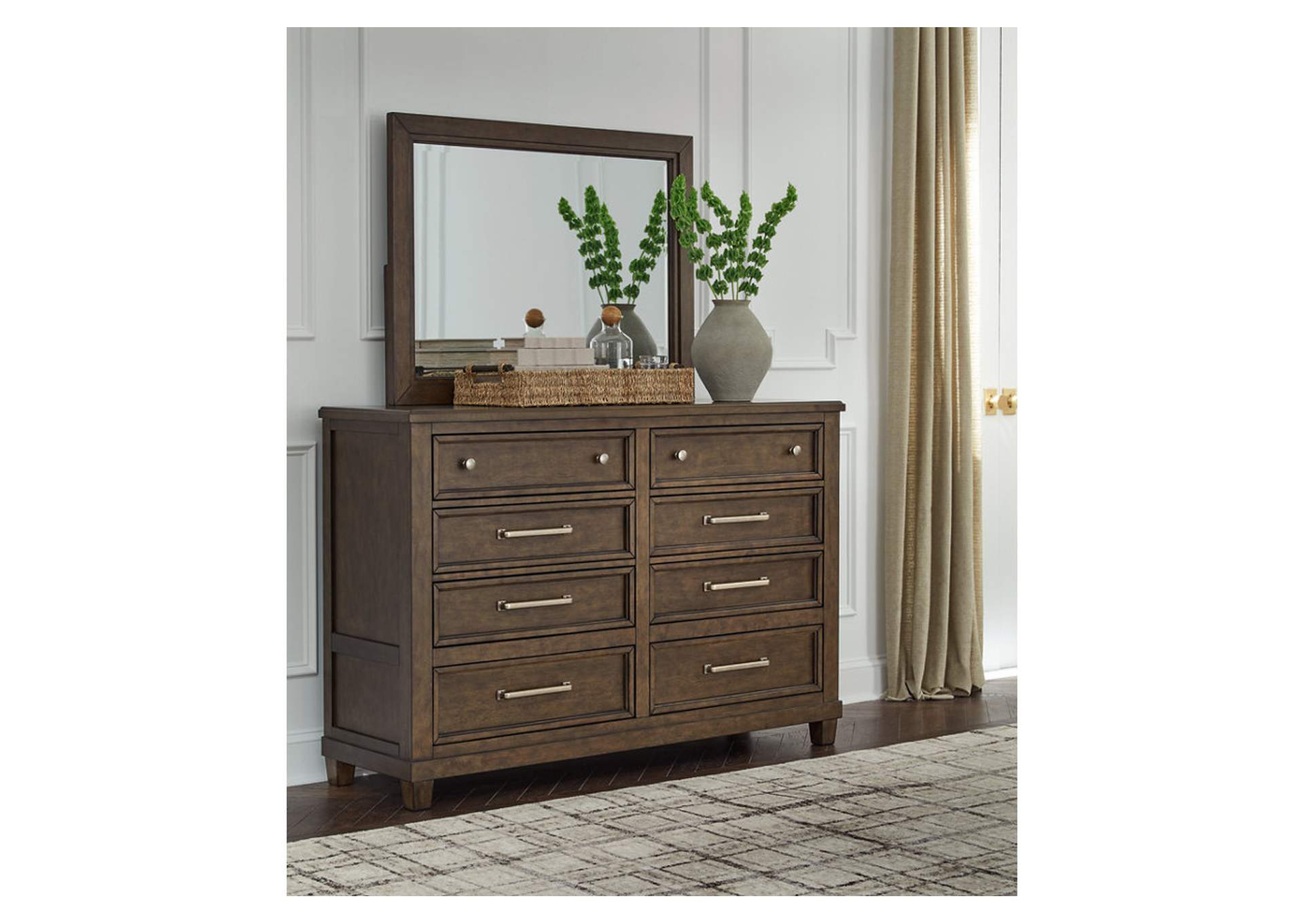 Hillcott Queen Upholstered Bed with Mirrored Dresser,Millennium