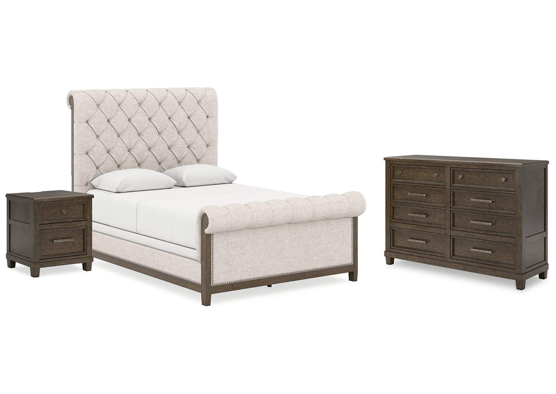 Hillcott Queen Upholstered Bed with Dresser and Nightstand,Millennium