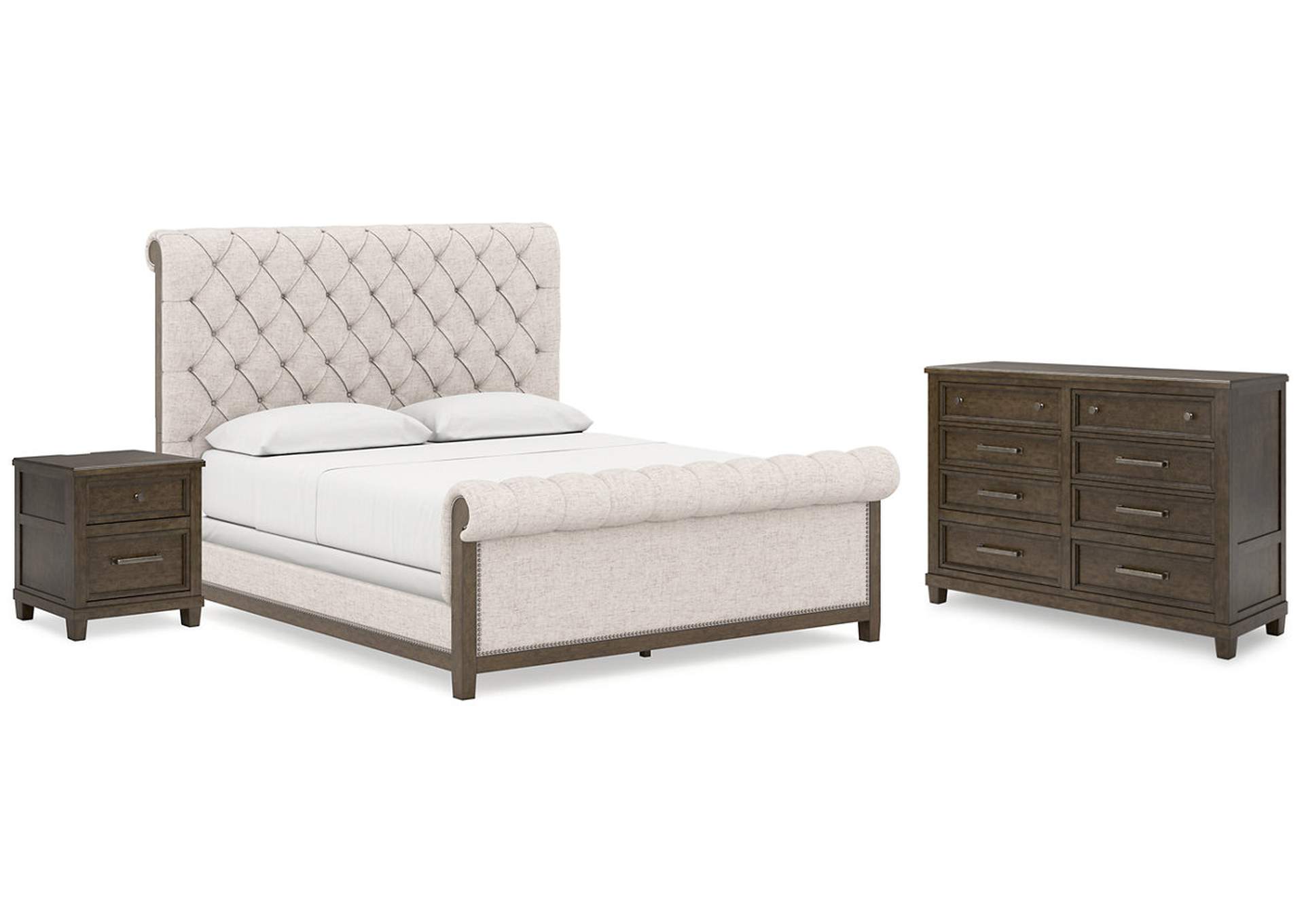 Hillcott California King Upholstered Bed with Dresser and Nightstand,Millennium