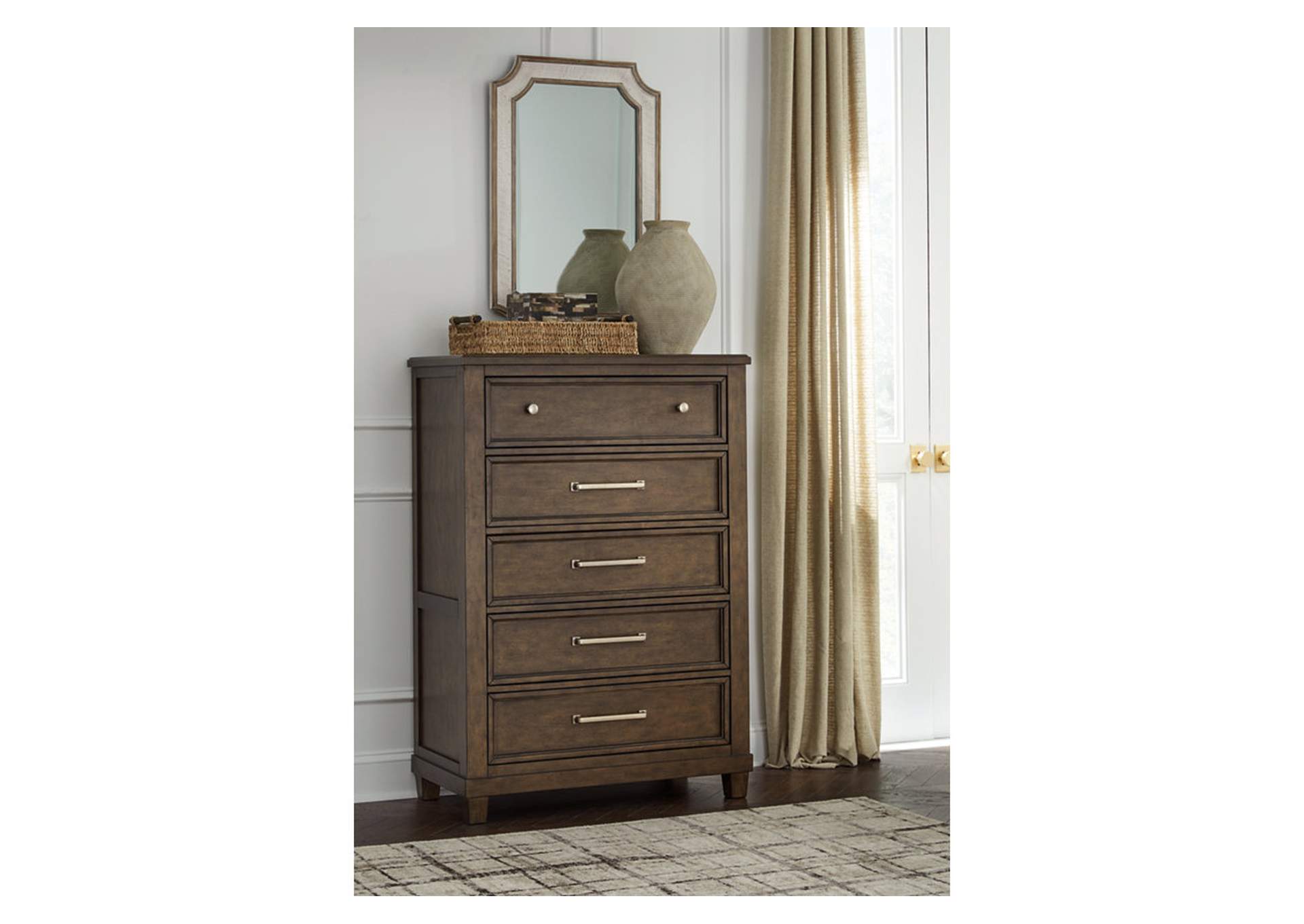 Hillcott King Upholstered Bed with Mirrored Dresser, Chest and 2 Nightstands,Millennium